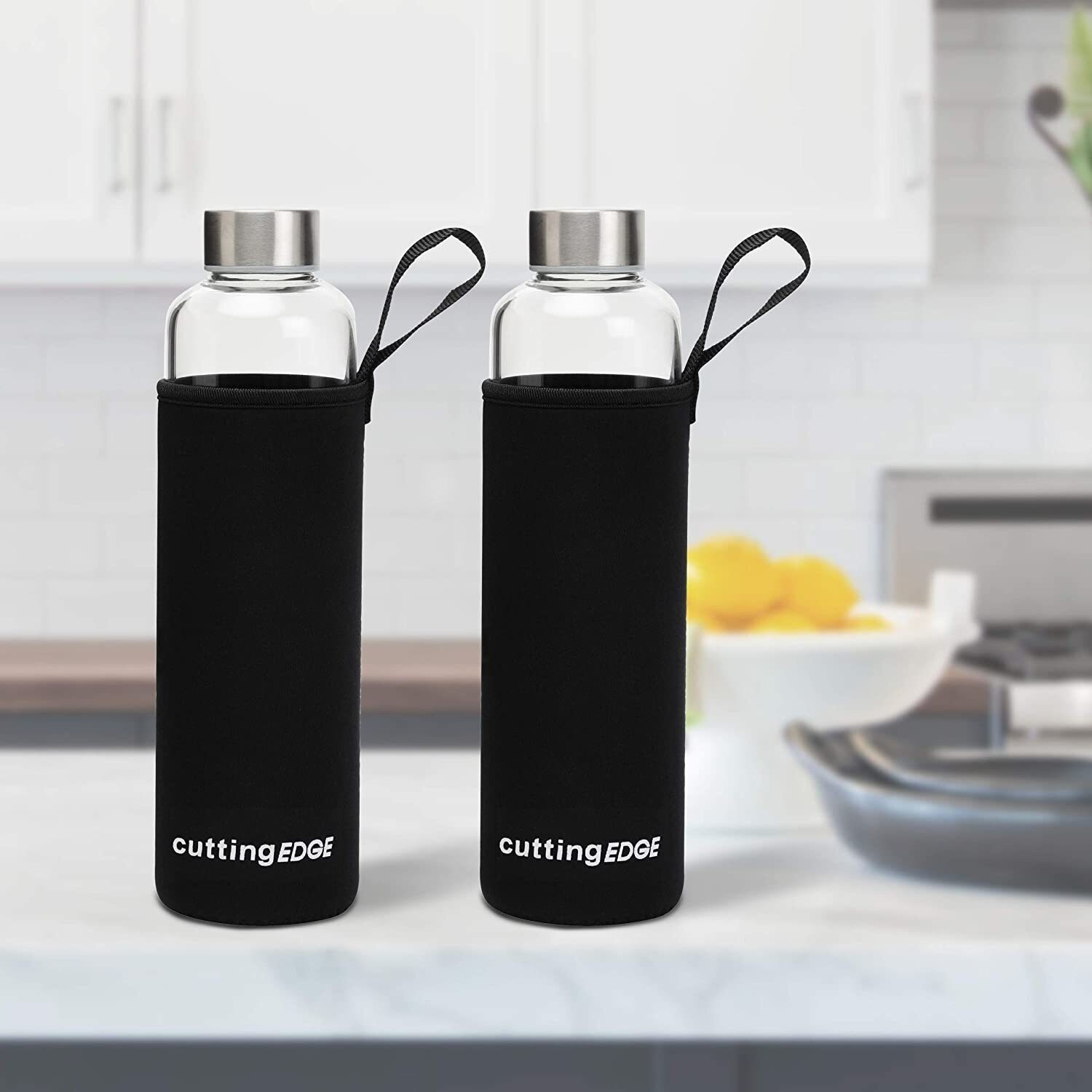 Image of Cutting EDGE Borosilicate Glass Water Bottle with Black Sleeve for School, Home, Office, Travel 1000 ml Glass Bottle