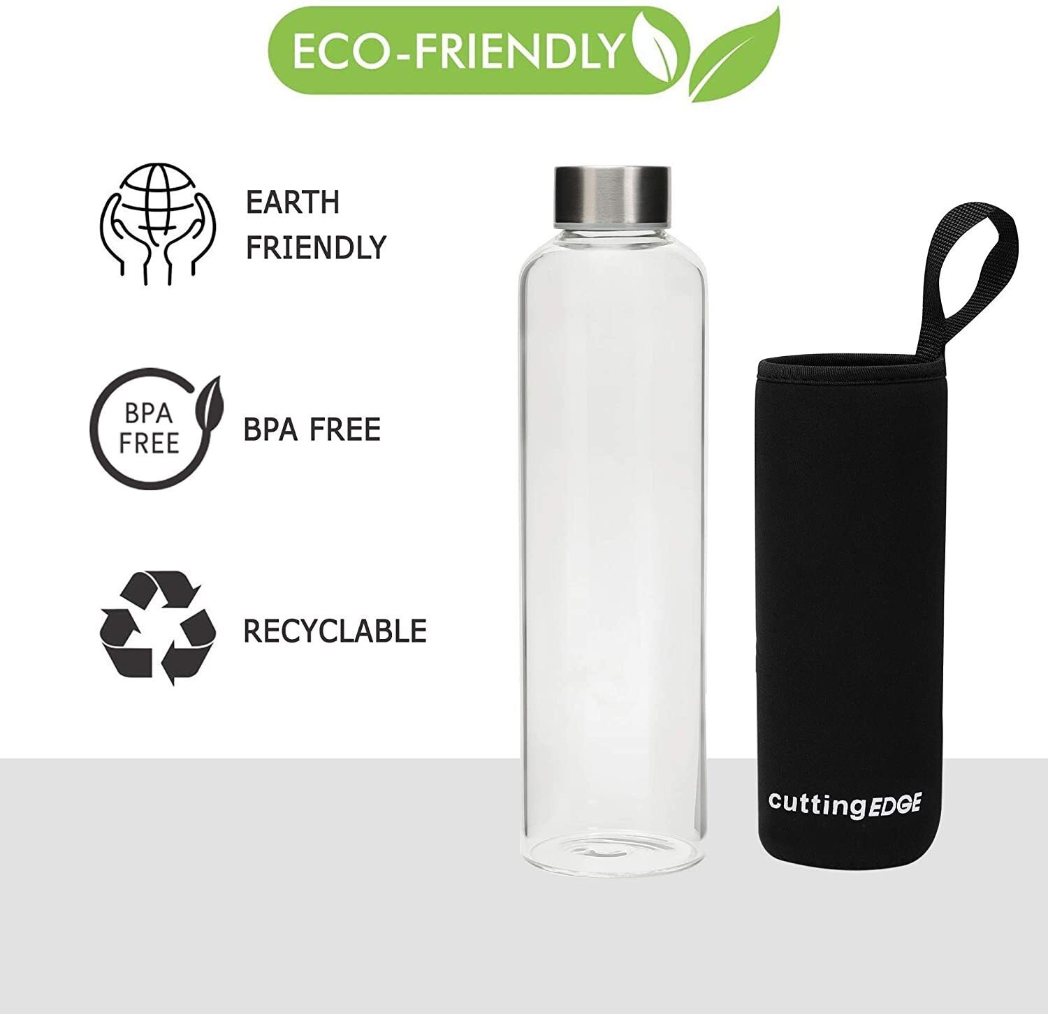Image of Cutting EDGE Borosilicate Glass Water Bottle with Black Sleeve for School, Home, Office, Travel 1000 ml Glass Bottle