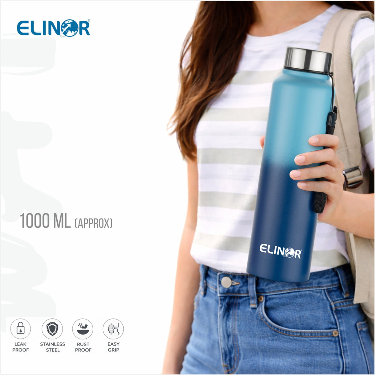 Image of ELINOR SINGLE WALL STAINLESS STEEL BOTTLE LEAK-PROOF BOTTLE DOUBLE COLOUR STEEL BOTTLE 1000 ml Steel Bottle