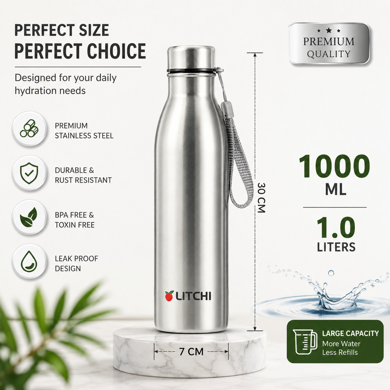Image of Litchi Silver Premium Stainless Steel 1000ml Leak-Proof Water Bottle 1000 ml Stainless Steel Bottle