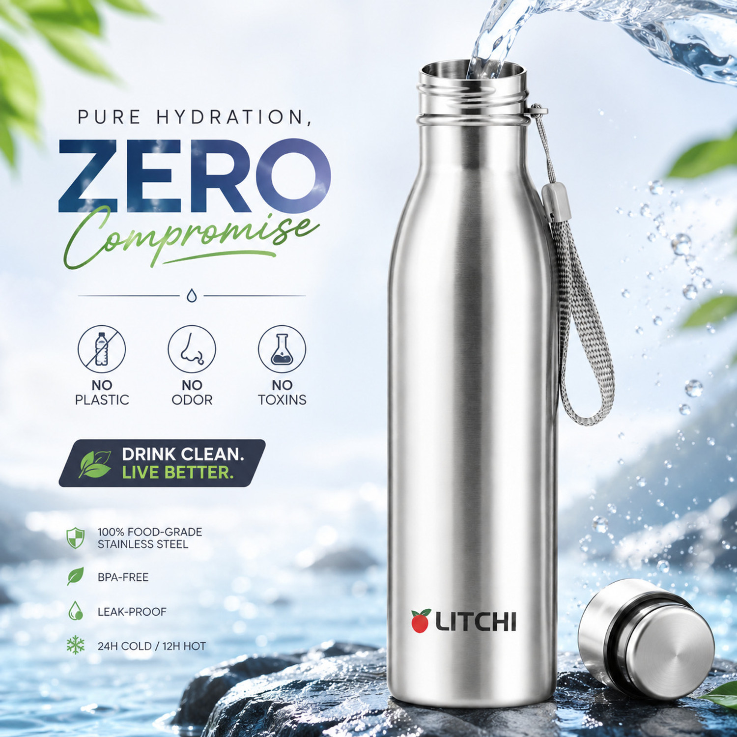 Image of Litchi Silver Premium Stainless Steel 1000ml Leak-Proof Water Bottle 1000 ml Stainless Steel Bottle