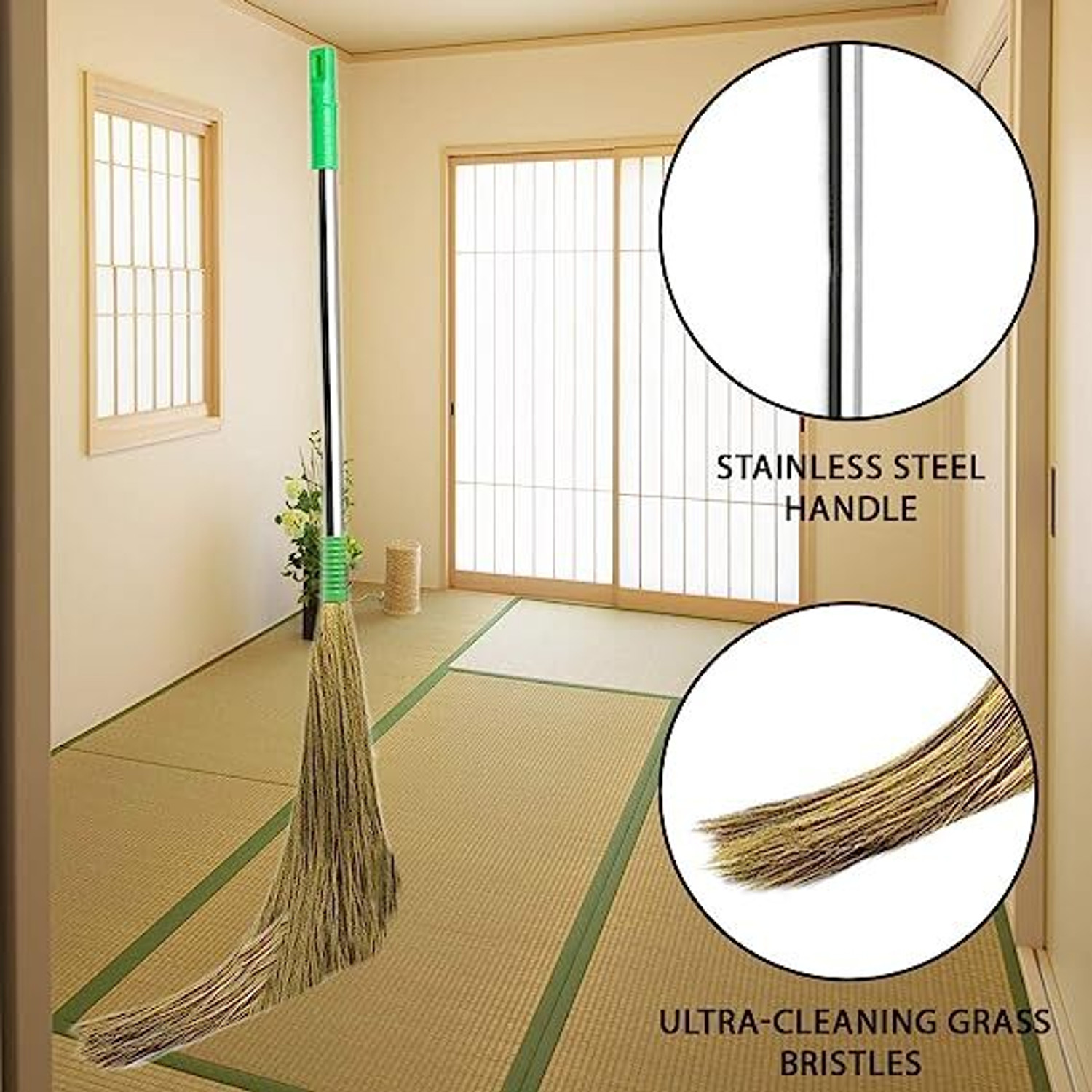 Image of Sahni 100%Narural Grass Broom steel handle pack 3 Grass Dry Broom