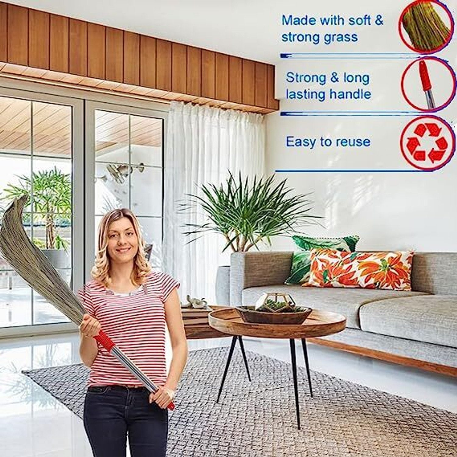 Image of Sahni 100%Narural Grass Broom steel handle pack 3 Grass Dry Broom