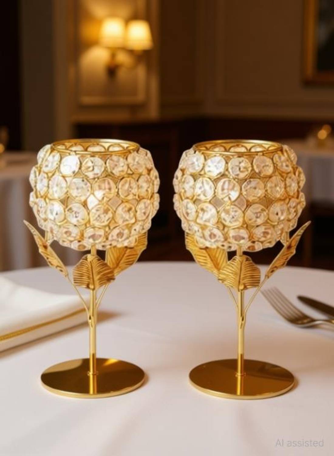 ADYAHCREATIONS Crystal Flower Double Gold Floral Gold Plated Brass 2 - Cup Tealight Holder Set Iron 2 - Cup Tealight Holder Set Gold Plated Crystal Candle Holder Tea Light Stand Votive- Decorative Tealight Holders for Home Office Living Room Indoor Garden Dining Centerpiece Decoration Brass Candle Holder _pk2 Iron 0 - Cup Tealight Holder Set