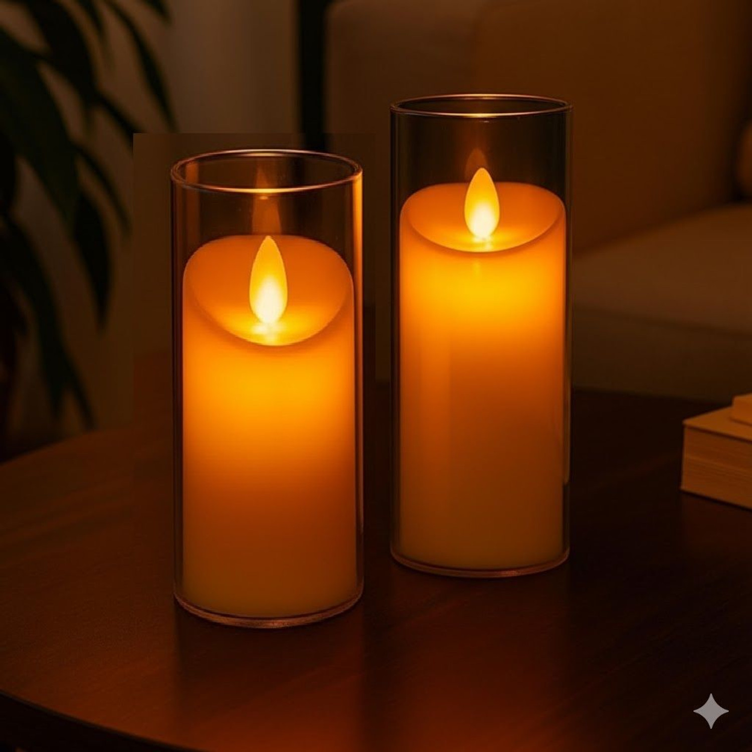 Image of Shivatri's Pillar Candles with Clear Glass Effect Cover Battery Operated Flickering Candle (Yellow, Pack of 2)