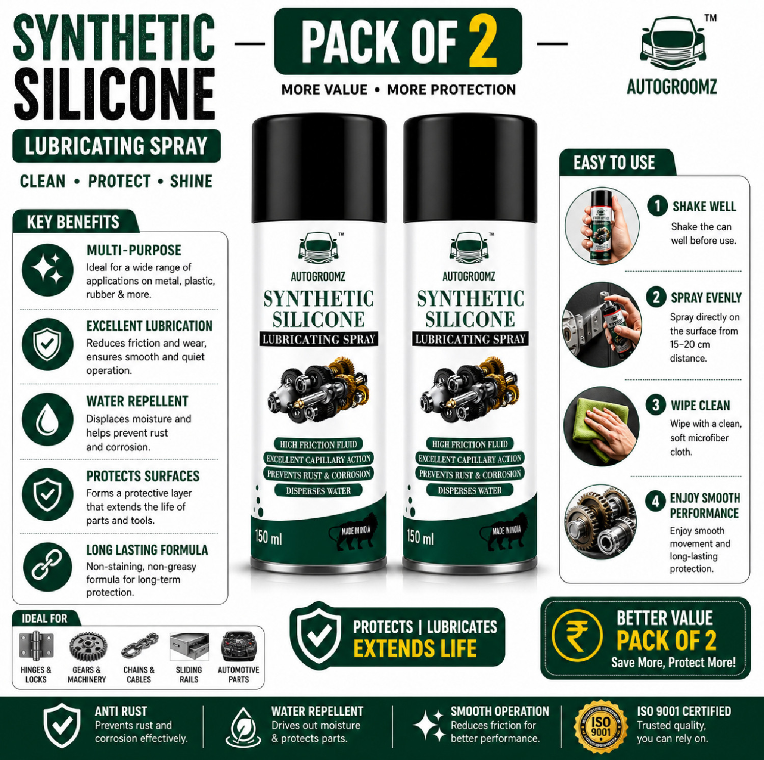 Image of AUTOGROOMZ Multi Surface Lubrication for Metal, Rubber & Plastic Silicone Lubricant Spray Pack of 2 (150ml Each) Vehicle Interior Cleaner