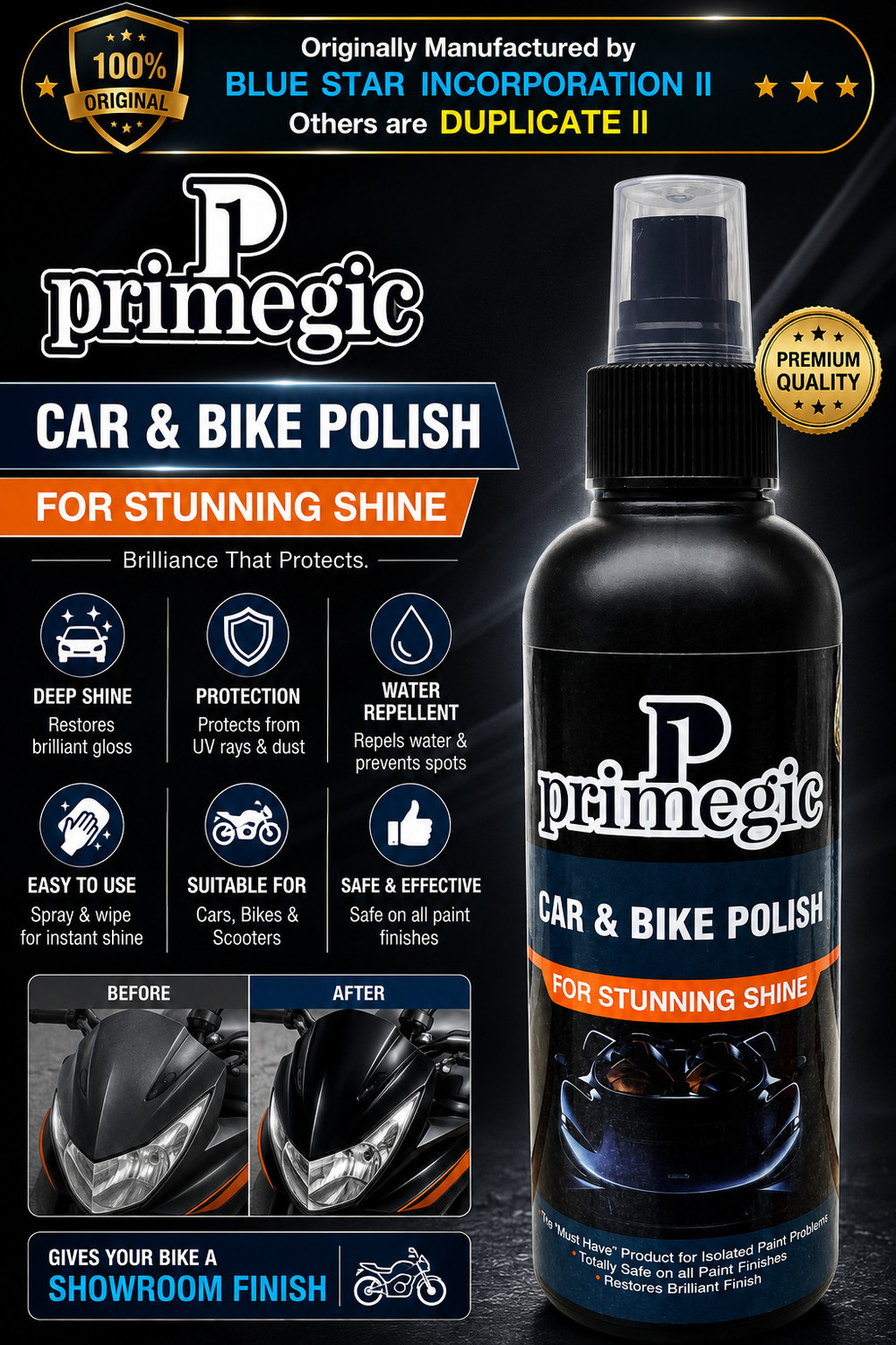 Image of PRIMEGIC Liquid Car Polish for Chrome Accent, Bumper, Dashboard, Exterior, Tyres, Leather, Metal Parts, Windscreen