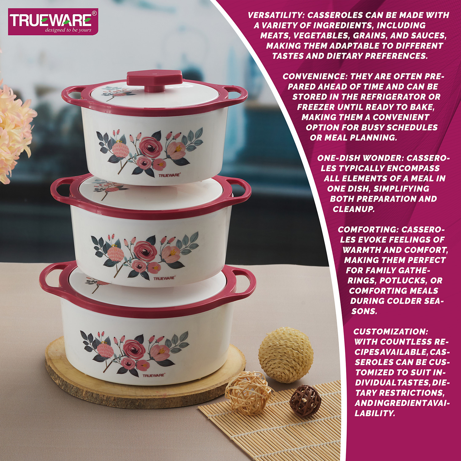 Image of Trueware Trueware Florra Inner Steel Outer Plastic Thermoware Casserole Set of 3 Pack of 3 Thermoware Casserole Set