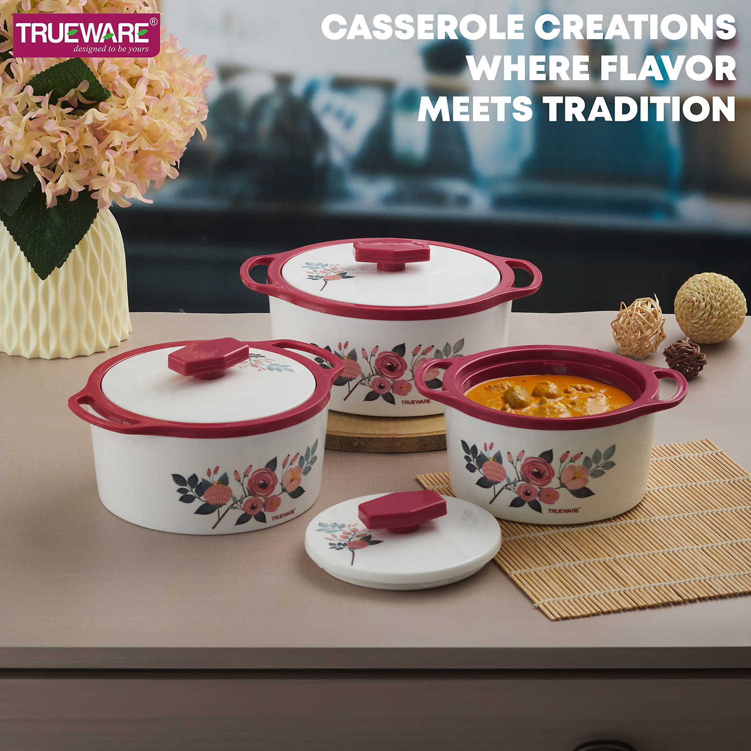 Image of Trueware Trueware Florra Inner Steel Outer Plastic Thermoware Casserole Set of 3 Pack of 3 Thermoware Casserole Set