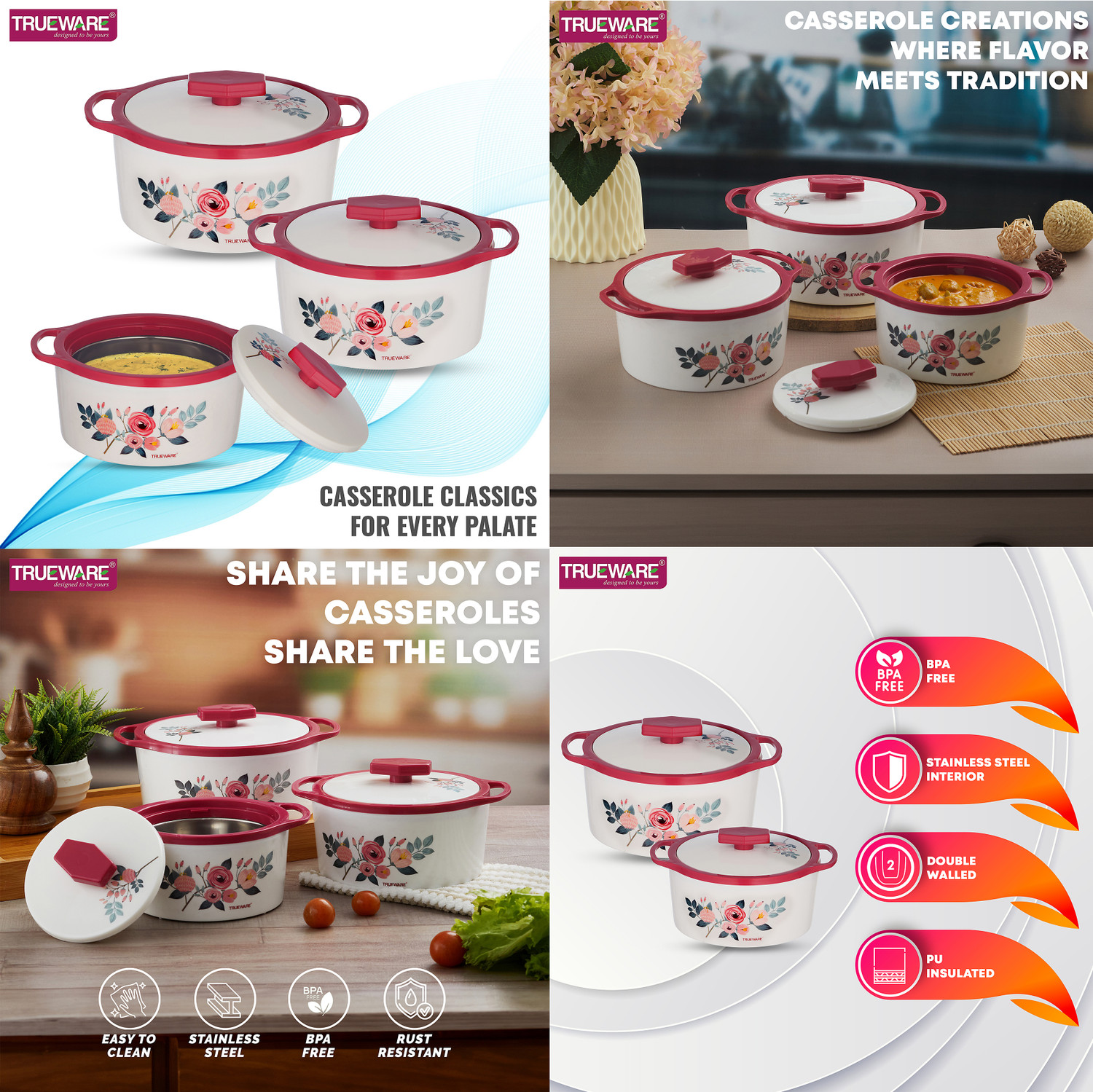 Image of Trueware Trueware Florra Inner Steel Outer Plastic Thermoware Casserole Set of 3 Pack of 3 Thermoware Casserole Set