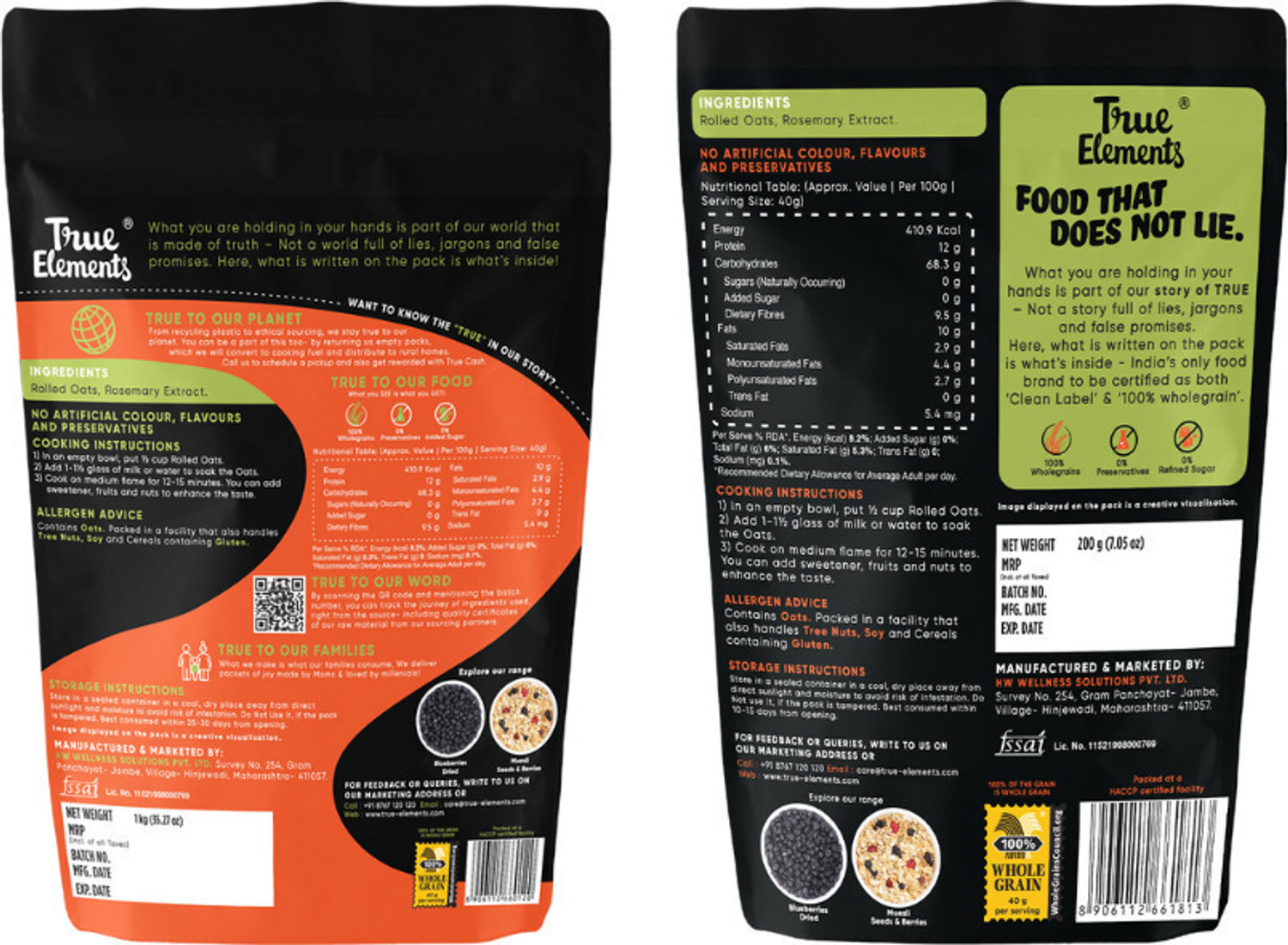 Image of True Elements 100% Rolled Oats,high protein & fibre,weight loss & gluten free (1000 + 200 g) Pouch