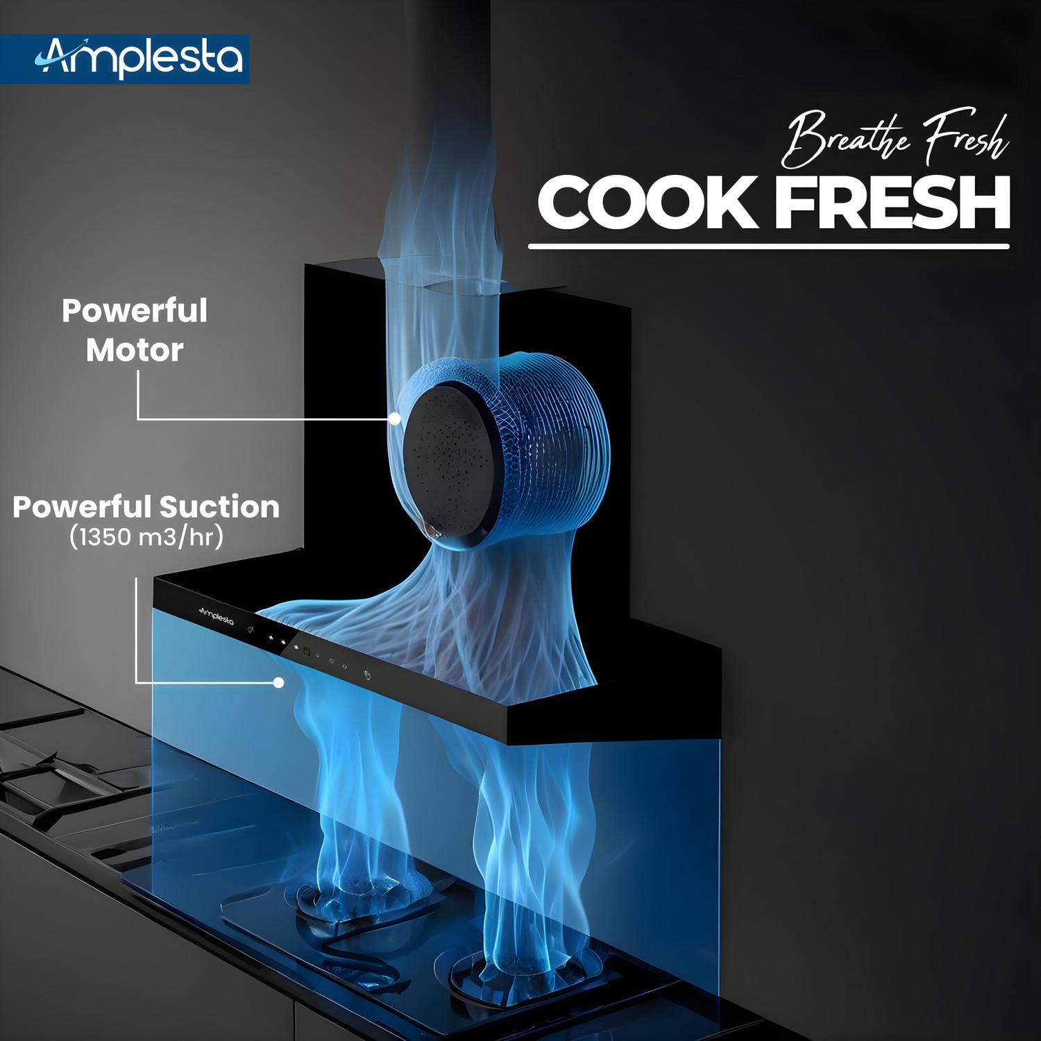 Image of Amplesta Sereno Auto Clean T-Shape 75cm, Touch & Gesture Control, Filterless, Low Noise 1350 CMH 75 cm Auto Clean Chimney