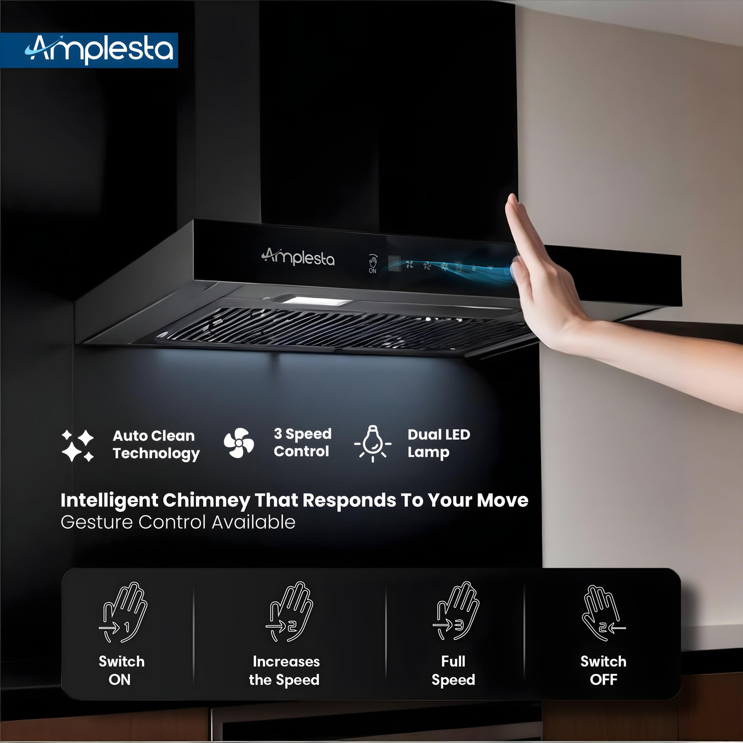Image of Amplesta Sereno Auto Clean T-Shape 75cm, Touch & Gesture Control, Filterless, Low Noise 1350 CMH 75 cm Auto Clean Chimney