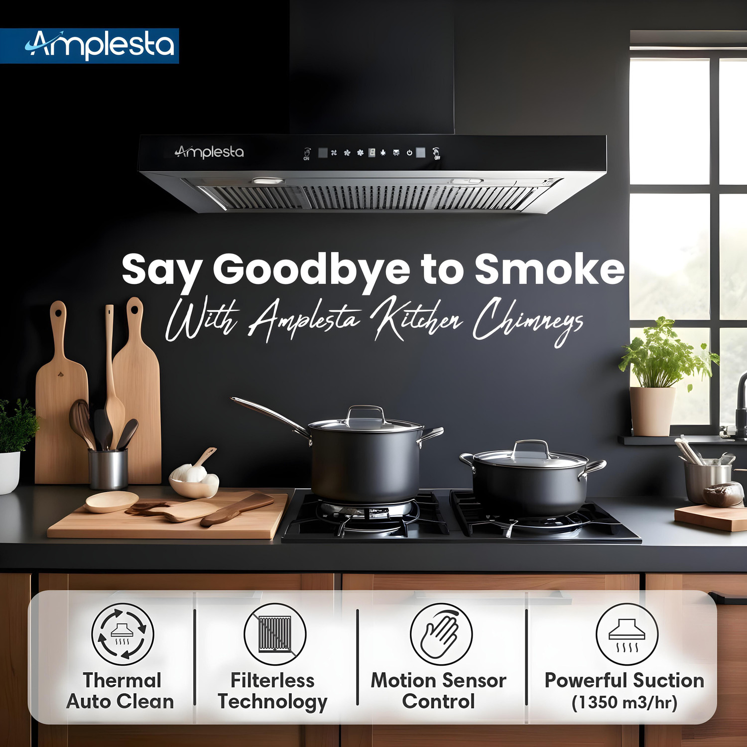 Image of Amplesta Sereno Auto Clean T-Shape 75cm, Touch & Gesture Control, Filterless, Low Noise 1350 CMH 75 cm Auto Clean Chimney