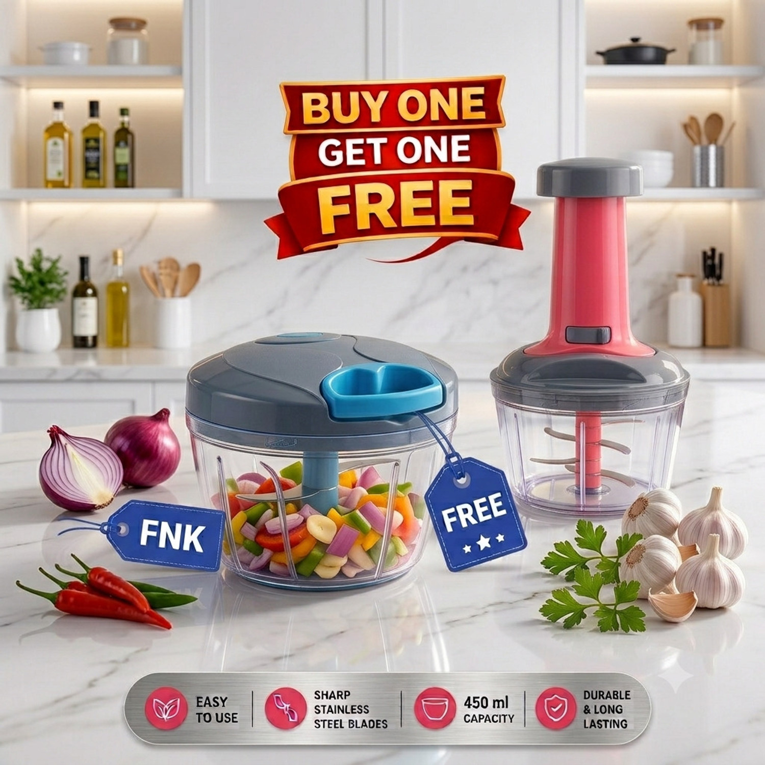 Image of fnk by fnk Chopper 650ML&450ML Capacity Pack of 2 (Buy 1 Get 1 Free Offer) Vegetable & Fruit Chopper