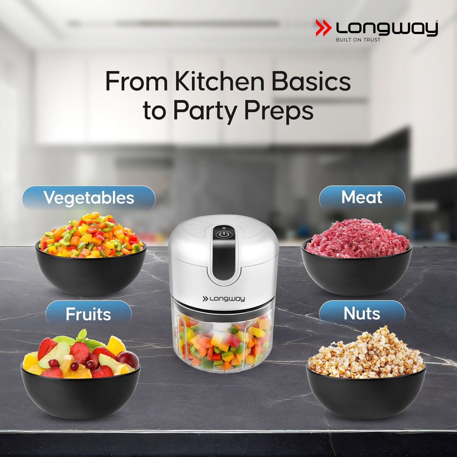 Image of Longway Slicer Rechargeable Mini Electric Chopper | One Touch Operation Electric Vegetable & Fruit Chopper
