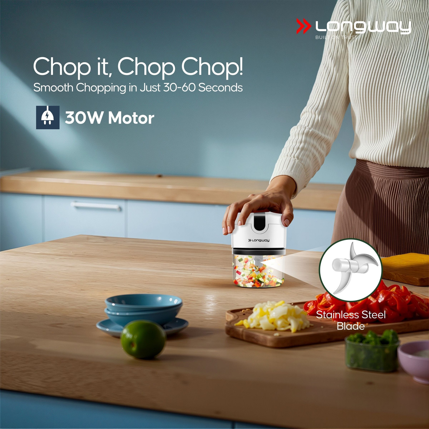 Image of Longway Slicer Rechargeable Mini Electric Chopper | One Touch Operation Electric Vegetable & Fruit Chopper
