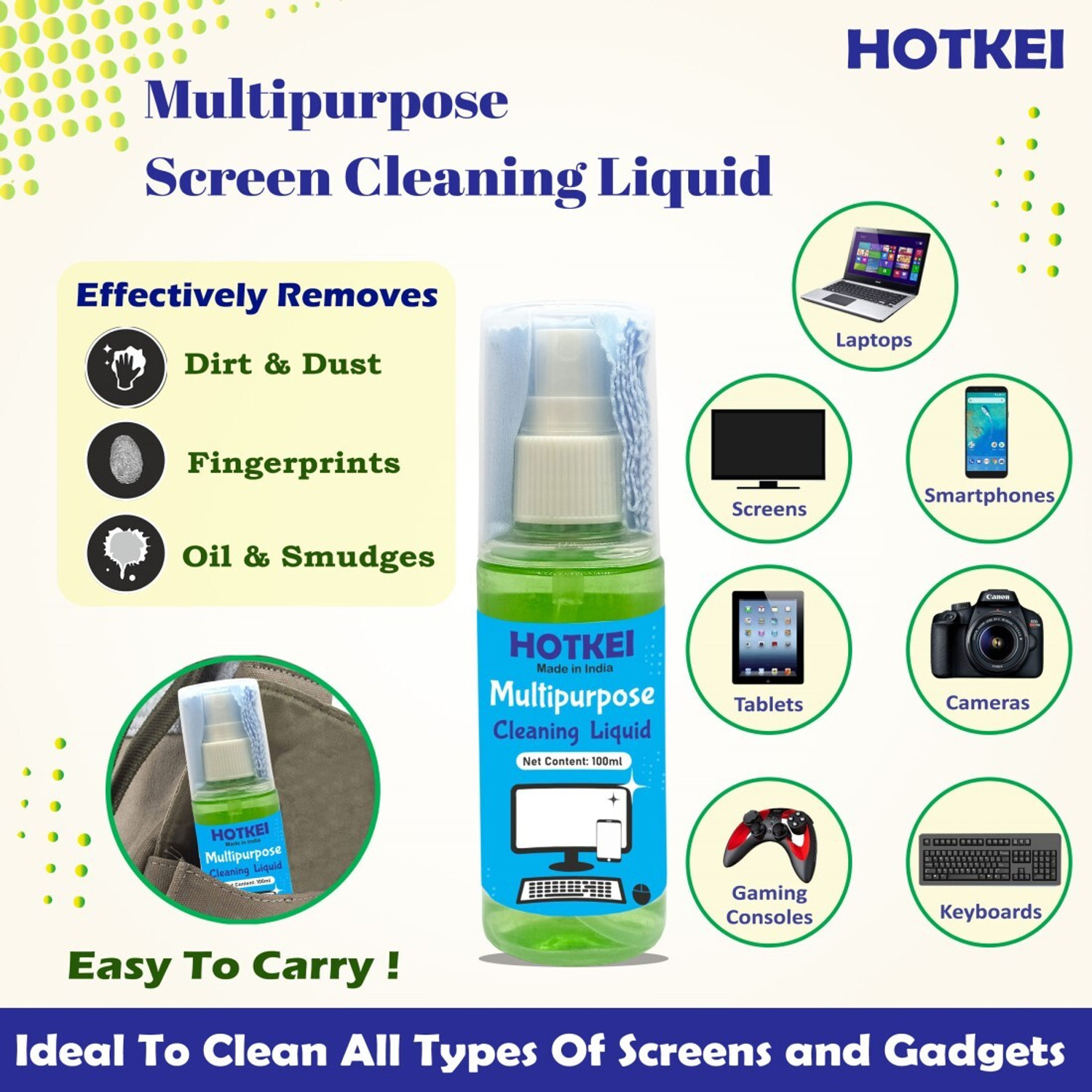 Image of HOTKEI 100ml Scented Laptop TV Mobile Computer Screen Cleaner Cleaning Liquid Spray Kit for Laptops, Computers, Gaming, Mobiles
