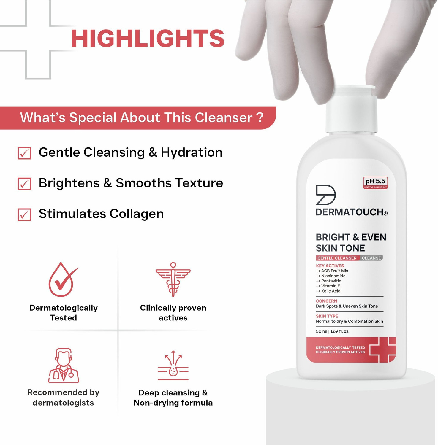 Image of Dermatouch Bright & Even Skin Tone Gentle Cleanser | Helps Reduce Dark Spots & Uneven Tone | pH 5.5 Daily | (Pack of 2) Face Wash (100 ml)