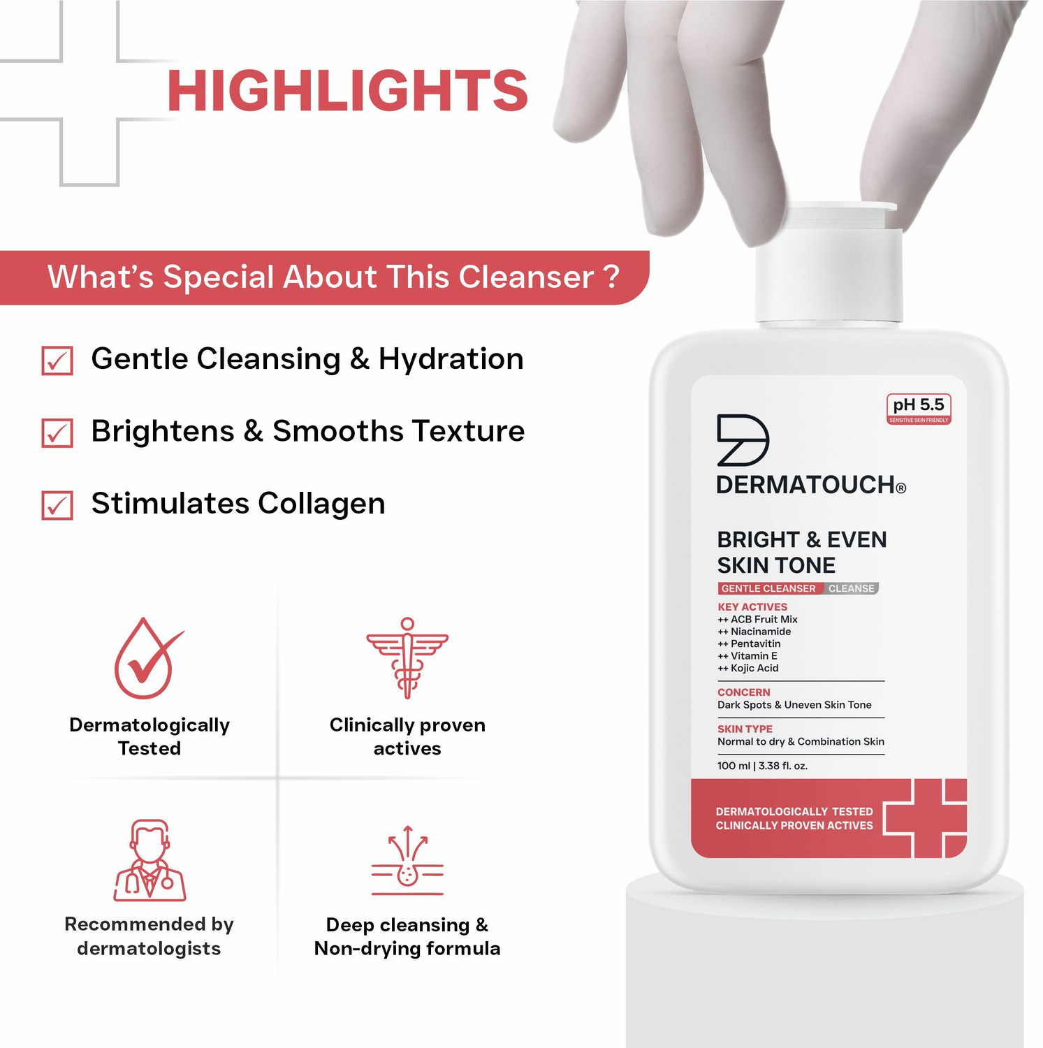 Image of Dermatouch Bright & Even Skin Tone Gentle Cleanser | Helps Reduce Dark Spots & Uneven Tone | pH 5.5 Daily |(Pack of 2) Face Wash