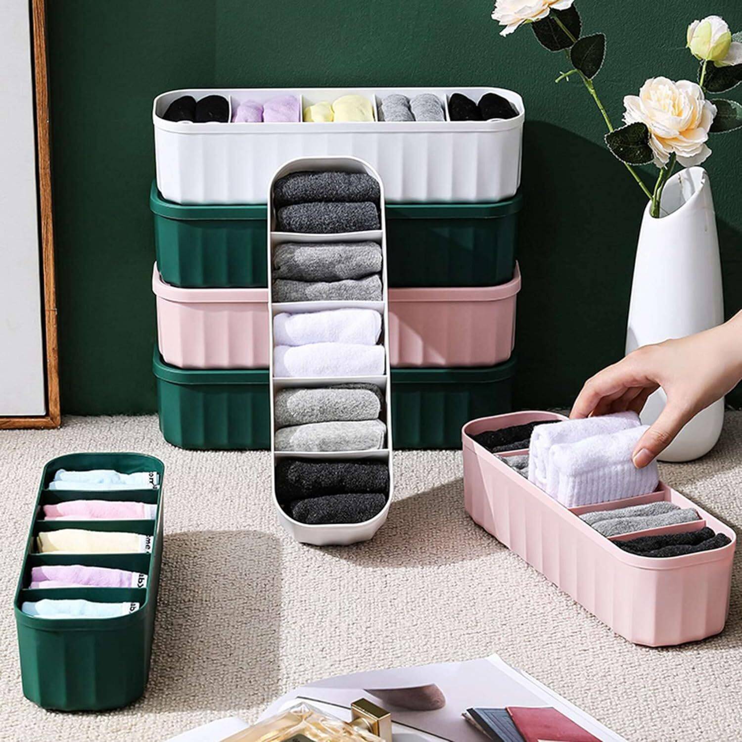 PILOT MART (Pack Of 04) Multipurpose Plastic 5 Grid Socks Rack Storage Organizer Holder Drawer Divider