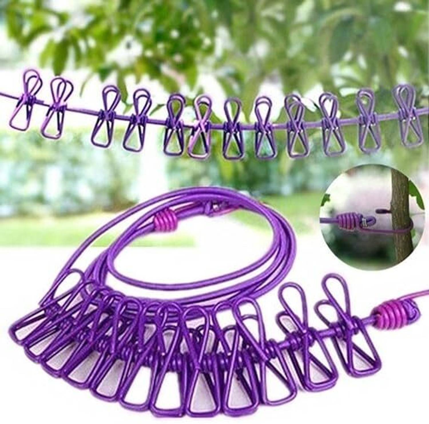 FUTURESTARRK Drying Rope with 12 Clips and 2 Hooks Plastic Retractable Clothesline