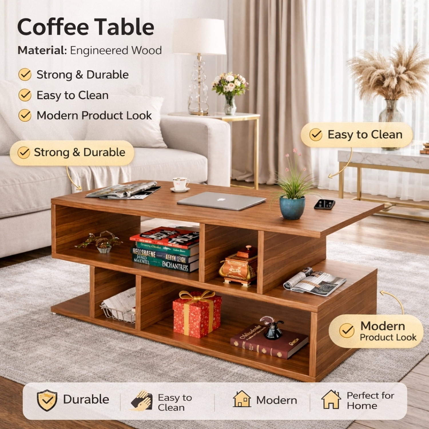 Image of Flipkart Perfect Homes Modern Multipurpose Coffee Table with Storage Shelf for Living Room Furniture Engineered Wood Coffee Table
