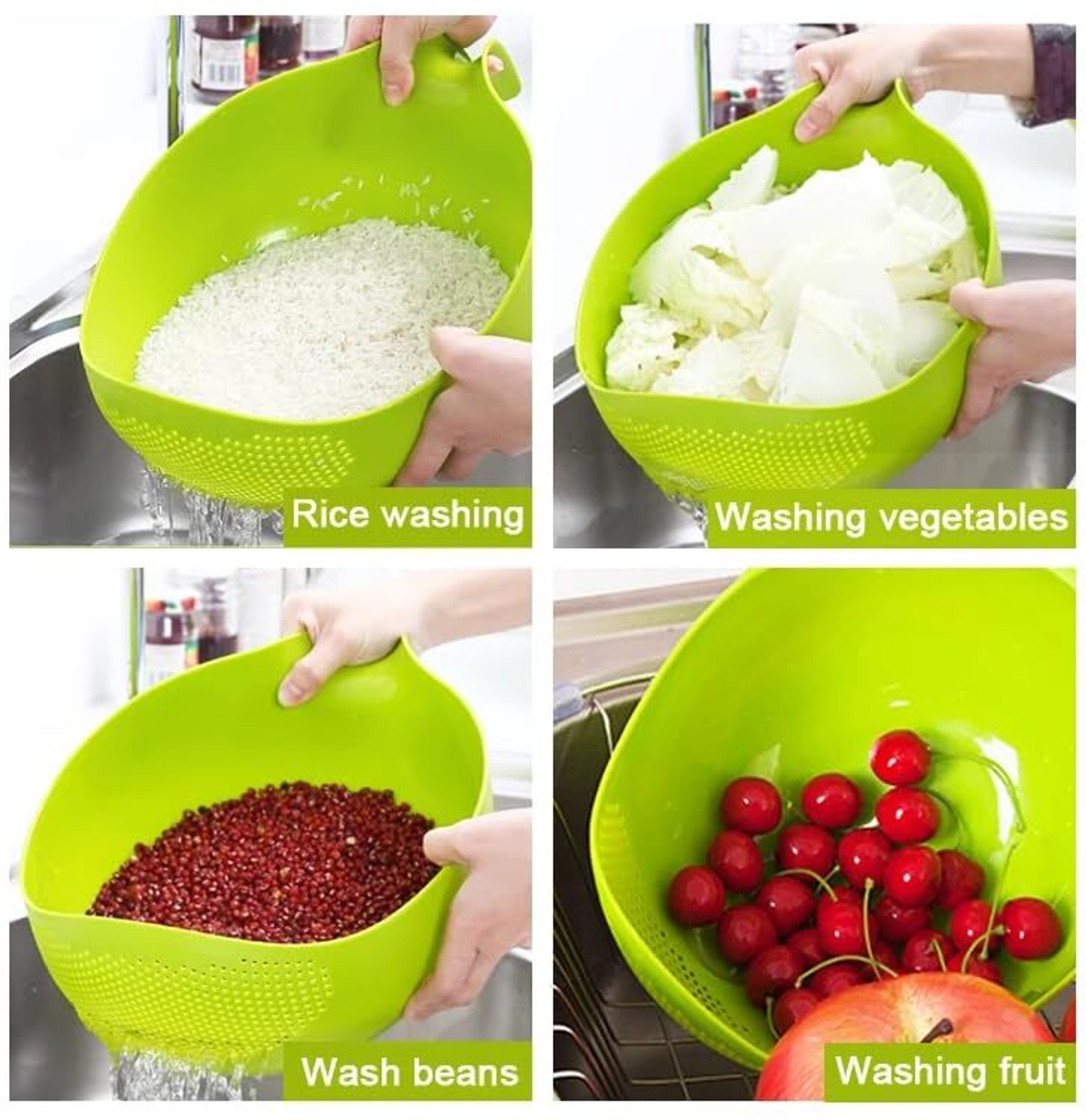 Image of STREPTO Kitchen Rice Bowl Plastic Fruit Bowl Thick Drain Basket with Handle Collapsible Sieve