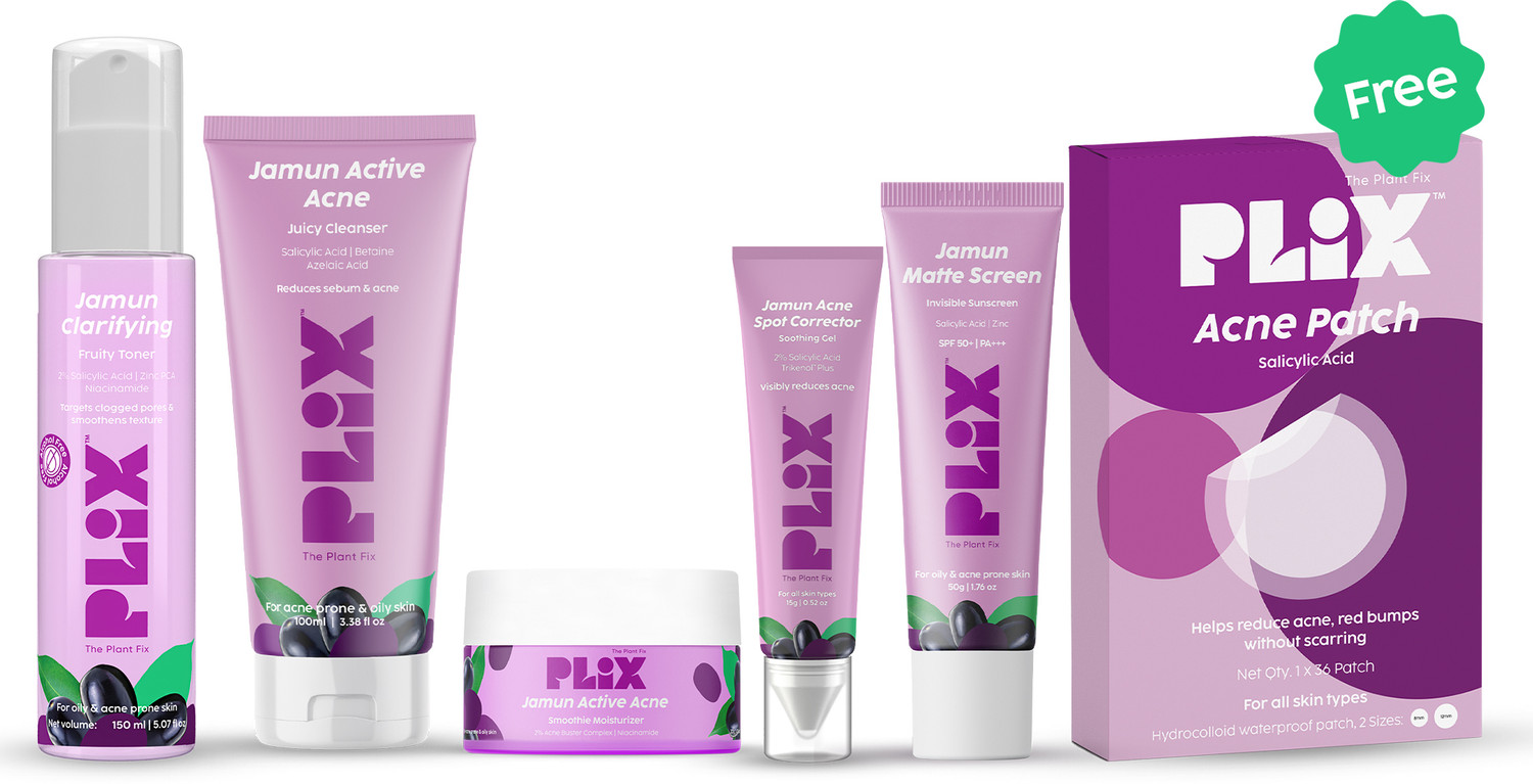 Image of The Plant Fix Plix Jamun Acne Kit, Toner, Facewash, Moisturizer, Gel & Sunscreen (FREE Acne Patch)