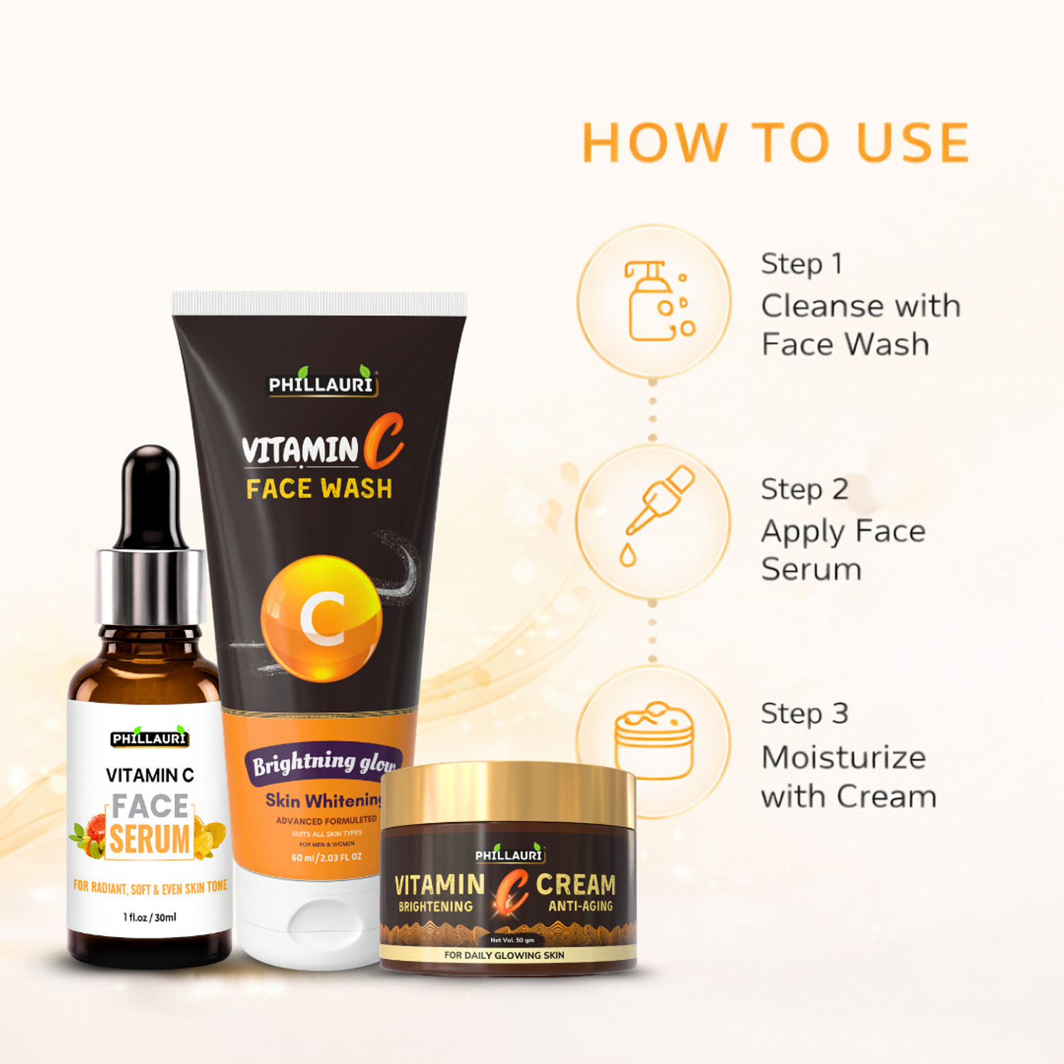Image of Phillauri Face Wash Serum and Cream Combo with Vitamin C for Skin Glow & Smooth Skin Feel