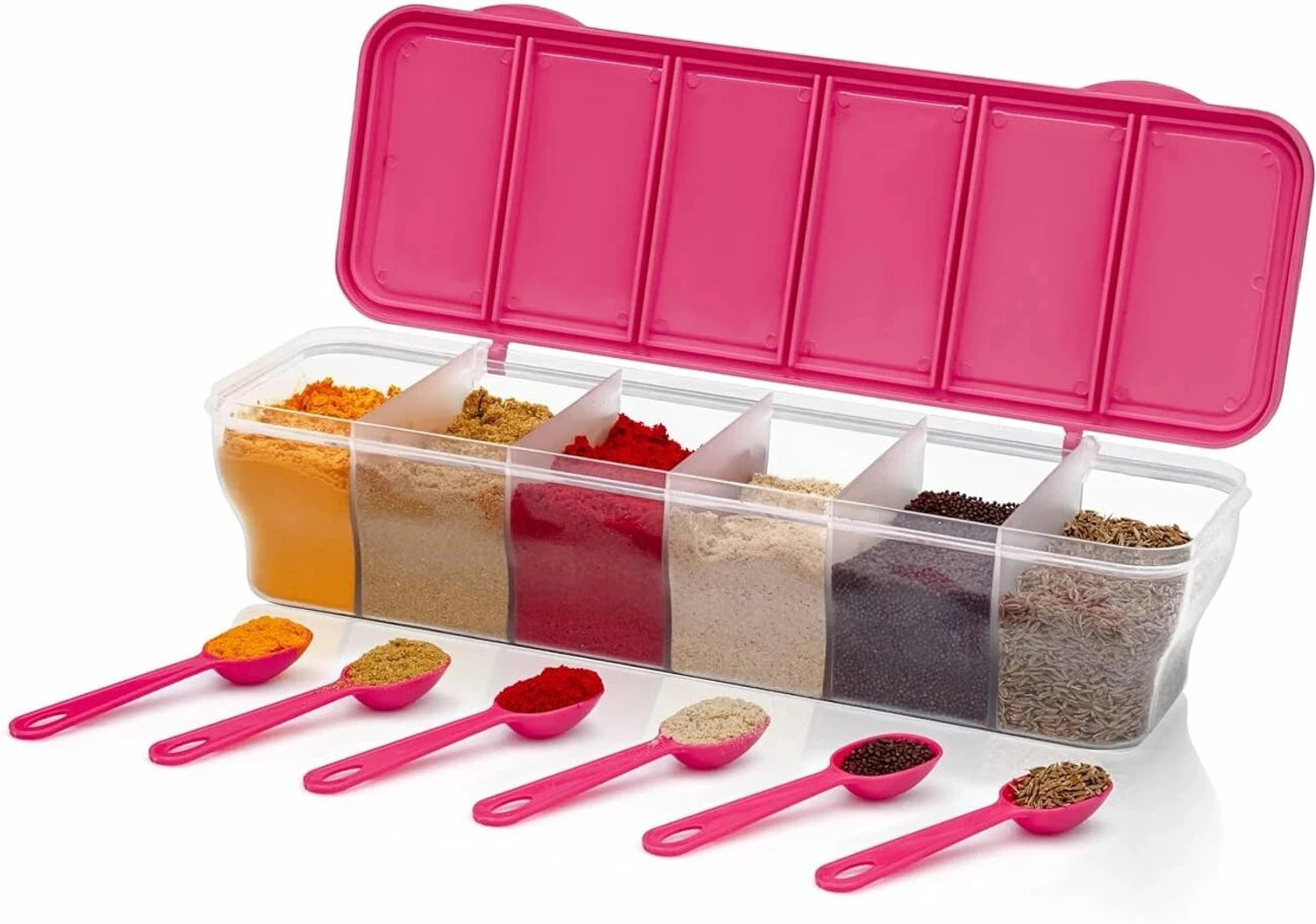 Image of TASTIC Multipurpose 6 Section Airtight Kitchen Storage Container with Spoon - For Spices, Dry Fruits, Pickles, and More, 6 In 1 Spice Set, 6 compartment Masala Box, Pickle Contianer, Kitchen Storage Container For Kitchen, Hotel & Restaurant, Fridge Storage Container 1 Piece Spice Set