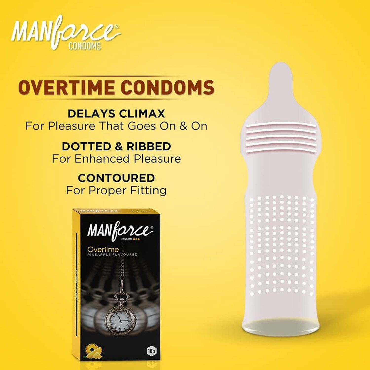 Image of MANFORCE Cocktail Condoms with Dotted-Rings, Hazelnut & Chocolate Flavoured- 10 Pieces & Overtime Pineapple 3in1 (Ribbed, Contour, Dotted) Condoms - 10 Pieces Condom (Set of 2, 20 Sheets)