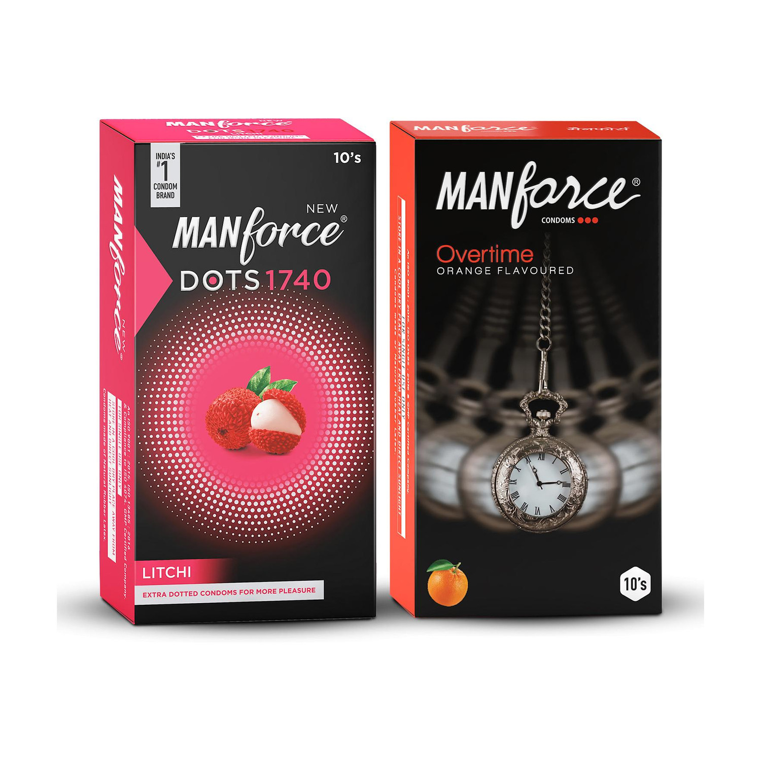 Image of MANFORCE 3in1 (Ribbed,Dotted,Contoured) Overtime Orange and Extra Dotted Litchi Flavoured Condoms - 20 Pieces, (Pack of 2) Condom (Set of 2, 20 Sheets)