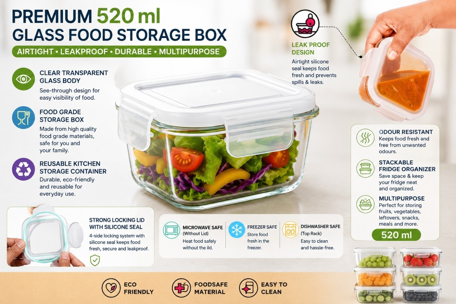Image of LELART Glass Fridge Container - 520 ml