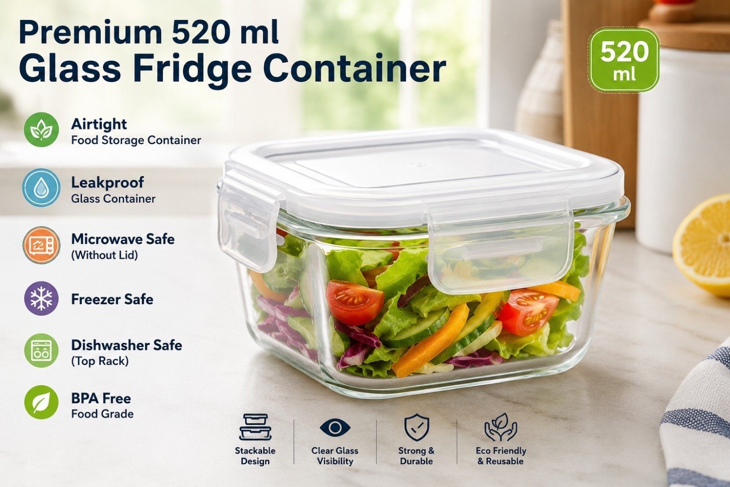 Image of LELART Glass Fridge Container - 520 ml