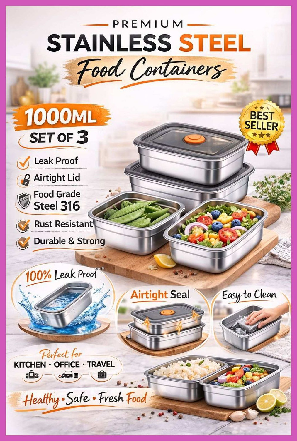 Image of PINOPZA Stainless Steel Fridge Container - 1000 ml (Pack of 3, Silver)