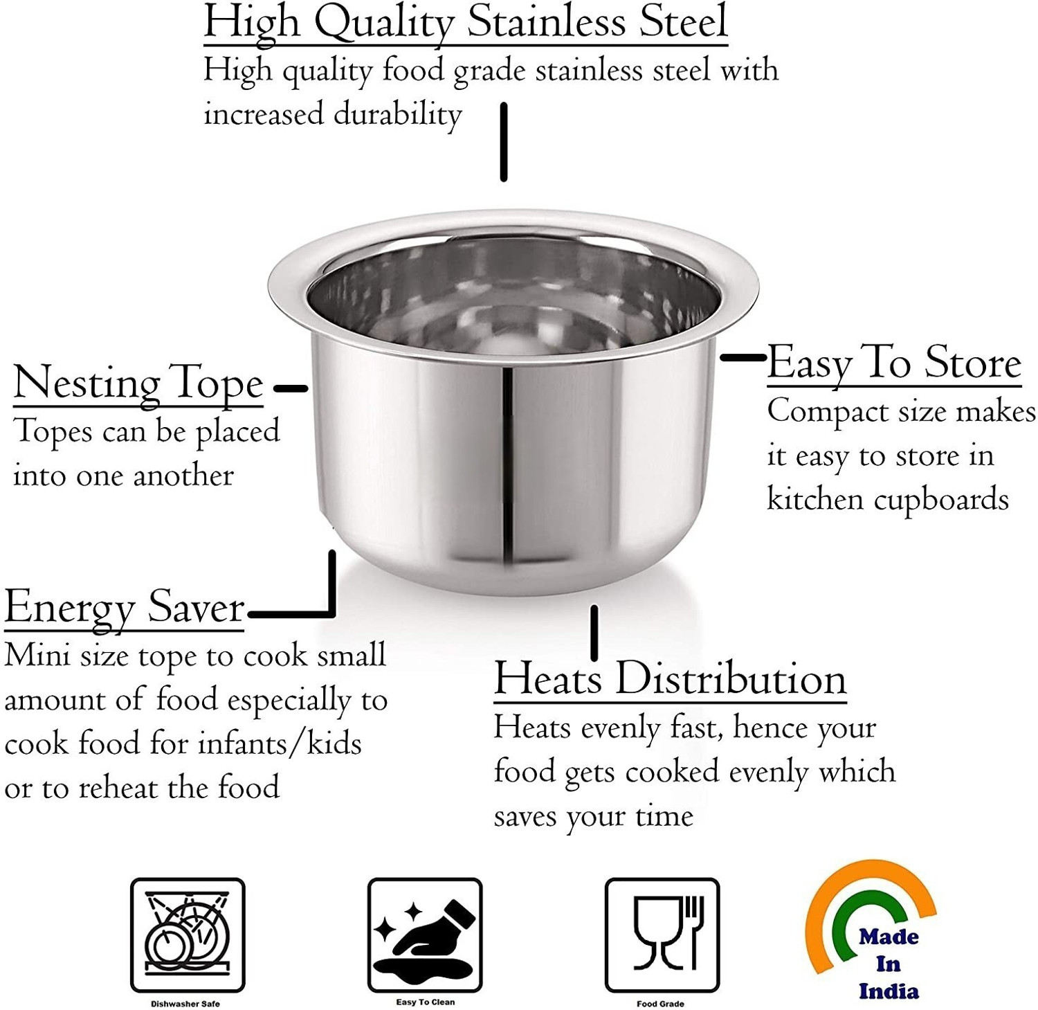 Image of RBGIIT Stainless Steel Tope Set of 5 Pcs Patila Flat Bottom, Mirror Finish Gas Base K0 Cookware Set