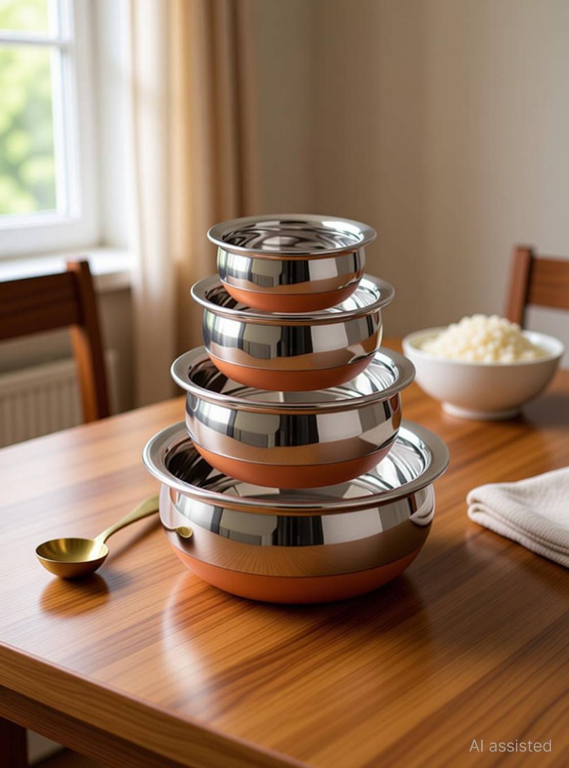 Revi Copper Bottom Handi Pot 5 Piece Set/Steel Handi Set 5 Piece Set Handi Handi 0.4 L, 0.65 L, 0.85 L, 1.2 L, 1.6 L (Stainless Steel, Copper)…