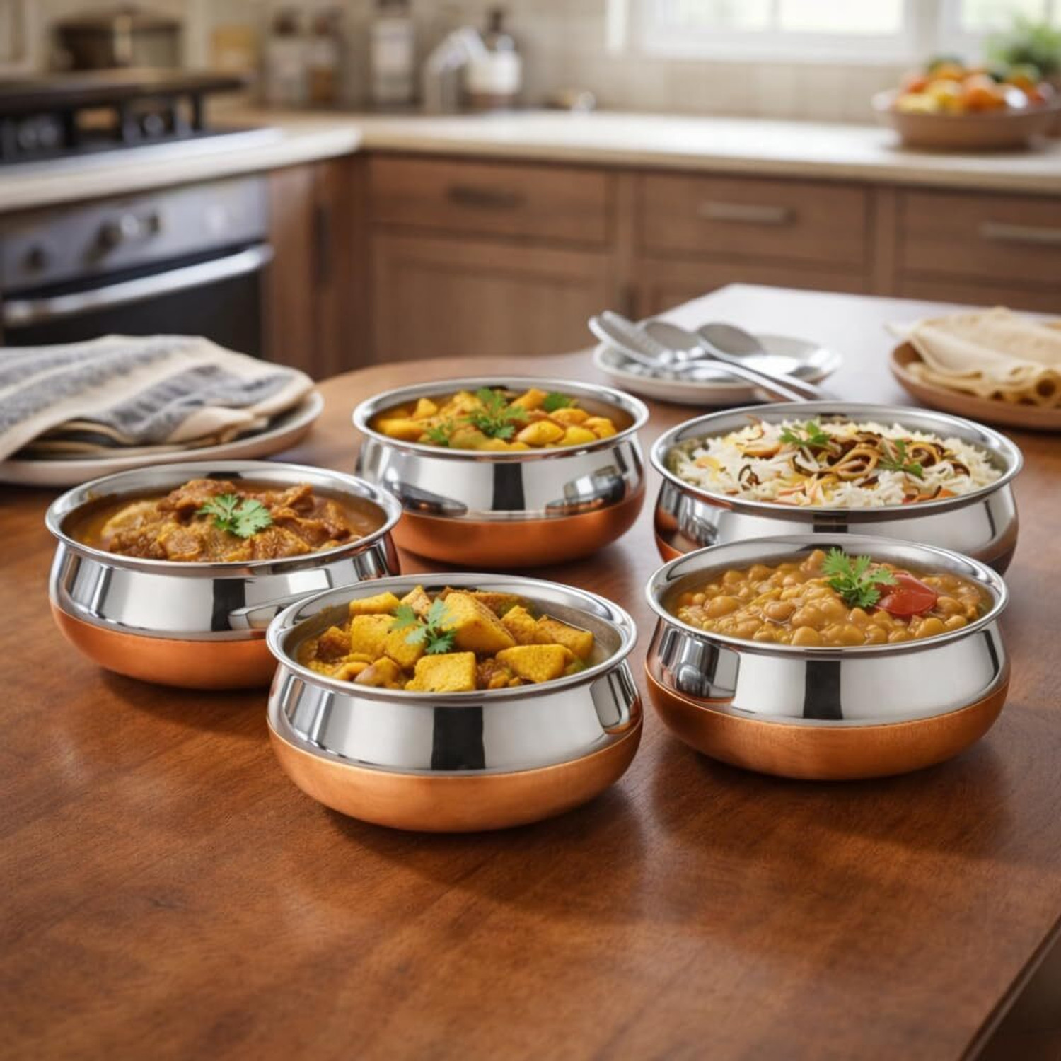 Image of PROJAIN STEEL Copper Bottom Handi Pot 5 Piece Set /Steel Handi Set 5 Piece Set /Cookware Chetty Combo Serving Handi Cookware Multi Purpose Capacity :- 500 ML , 750 ML , Handi 1 050 ,ML,1200 ML ,1500 ML Handi Handi 2 L