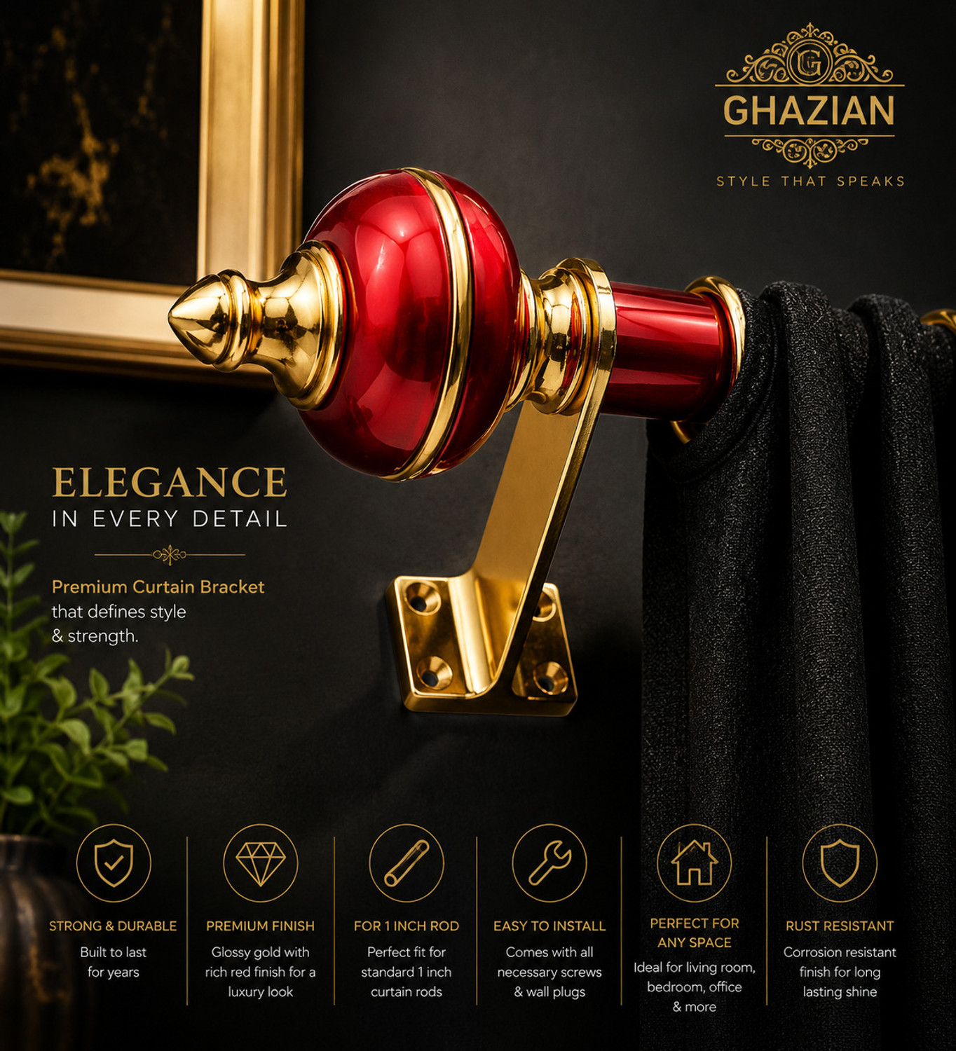 Image of Ghazian Red, Gold Curtain Knobs, Rod Rail Bracket Metal