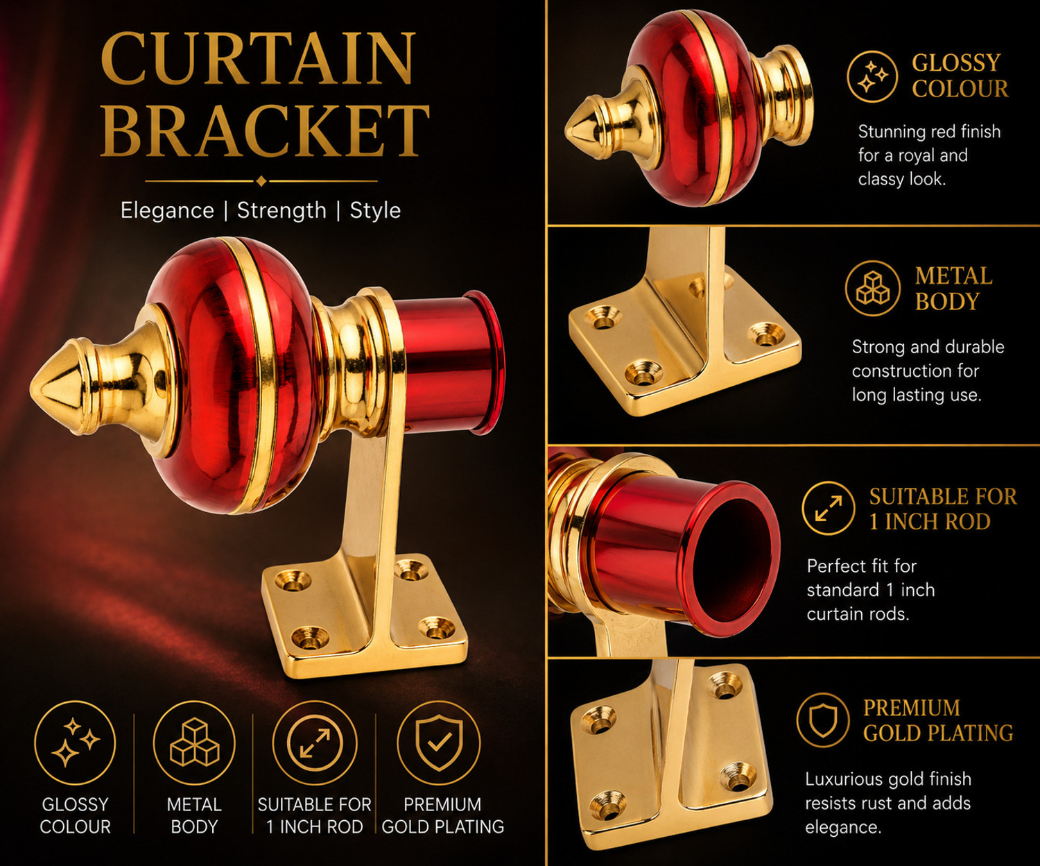 Image of Ghazian Red, Gold Curtain Knobs, Rod Rail Bracket Metal