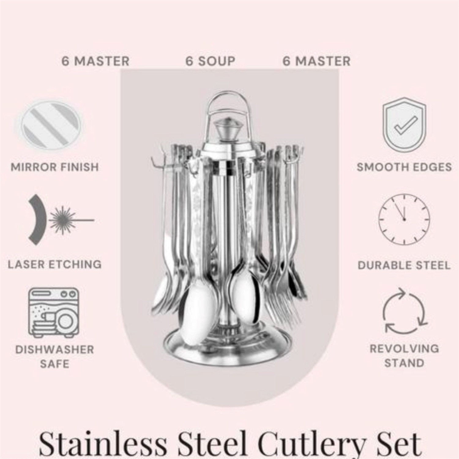Image of Artha 25 Pcs Laser Printed Cutlery Set 6 Tea,6 Fork ,6 Dessert,6 Soup Spoons, 1 Stand Stainless Steel Cutlery Set