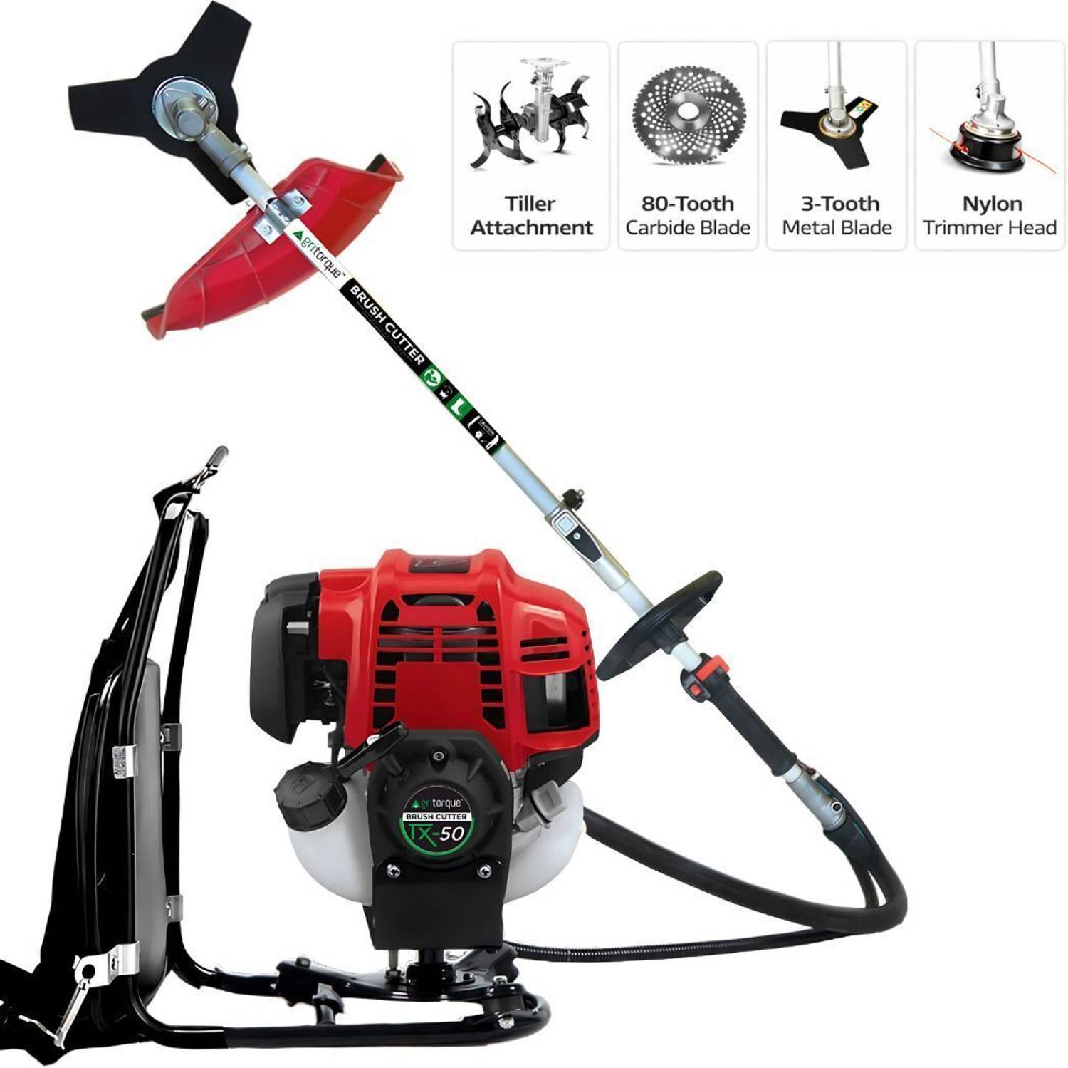 Agritorque TX-50 Pro 50cc 4-Stroke | Backpack | Brush Cutter Machine | Tiller Attachment Fuel Grass Trimmer