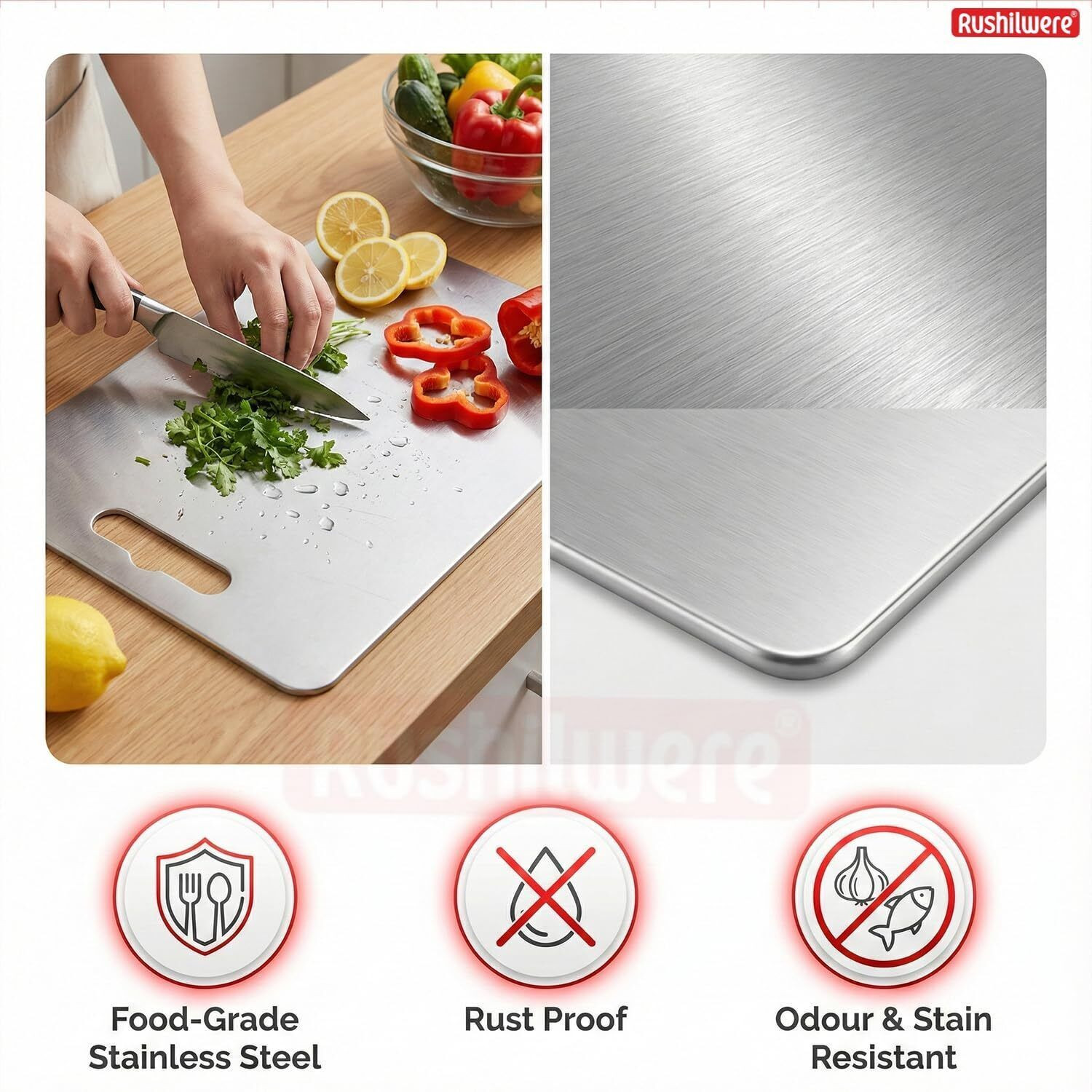 Image of RUSHIL WERE 31x21 cm Multipurpose Chopping Board for Kitchen, Vegetables & Meat Stainless Steel Cutting Board