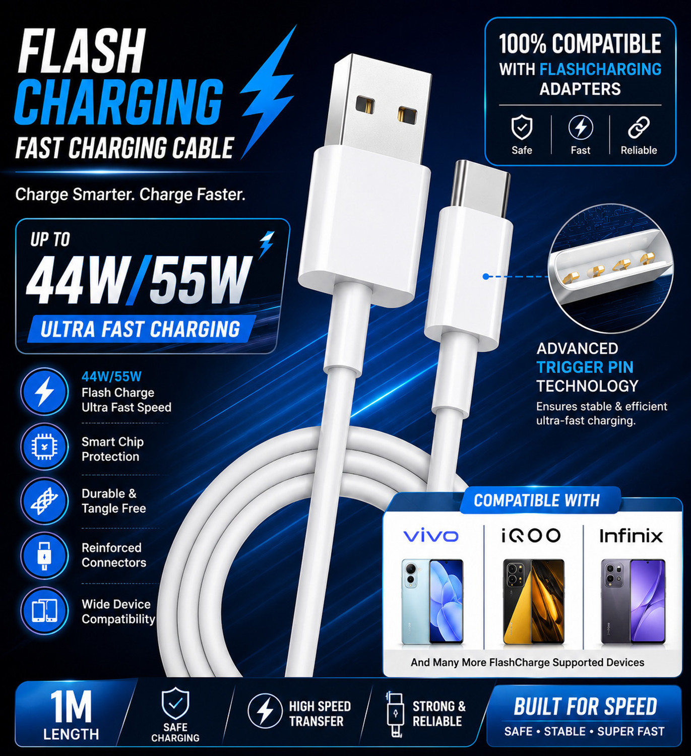 Image of Ditya USB Type C Cable 4 A 1 m TPE, WOVEN NET SHIELD 100% ORIGINAL FLASH CHARGER SUPPORT 18W /30W /44W