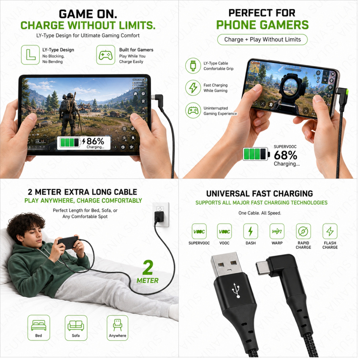 Image of Sulania USB Type C Cable 9 A 2 m Braided 2 Meter Type C L Shape Braided Data Sync Cable