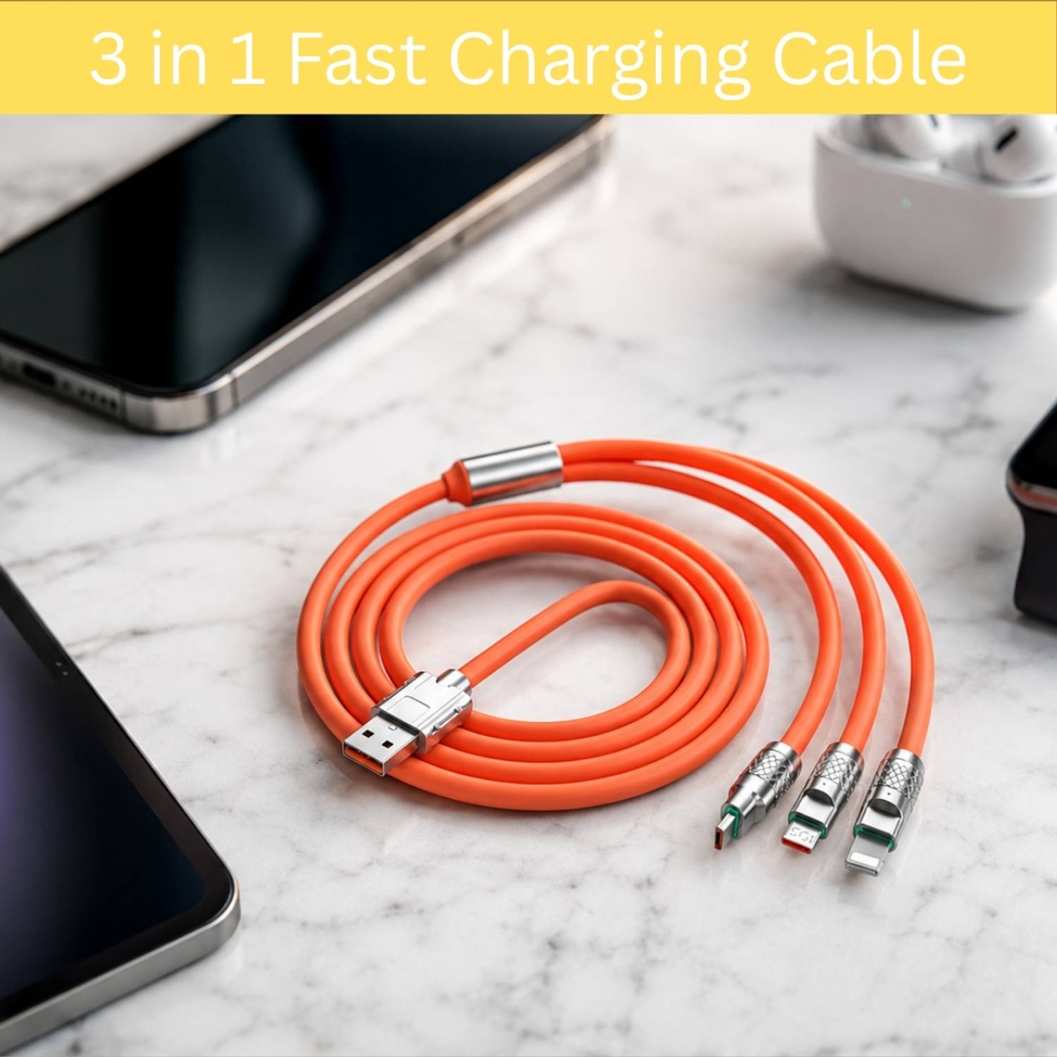 GUGGU 3-in-1 Cable 1 m 3-in-1 Fast Charging Cable USB-A to Type-C, Lightning for Mobile & TabletsBL236