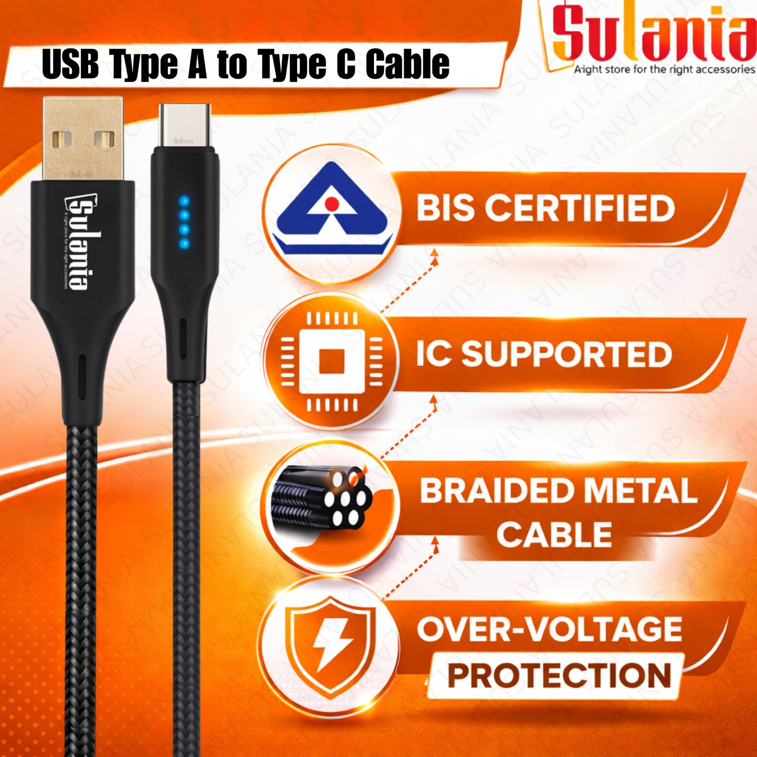 Image of Sulania USB Type C Cable 2 m braided 2 Meter USb Type aA to Type C Data Cable