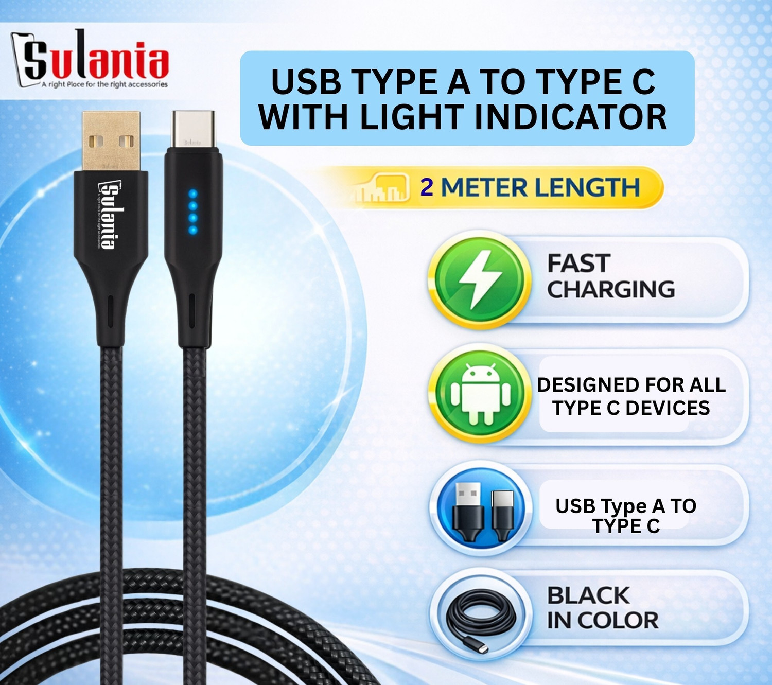 Image of Sulania USB Type C Cable 2 m braided 2 Meter USb Type aA to Type C Data Cable