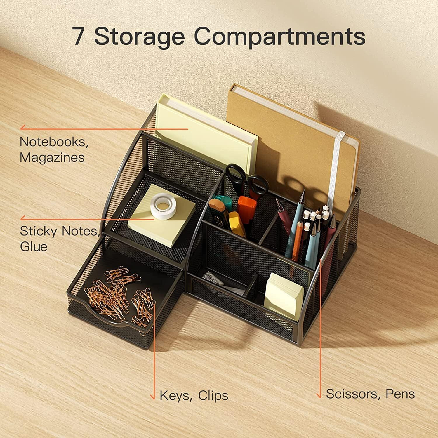 Image of SAMJU 7 Compartments Metal Mesh Desk Organizer Stationery Holder for Home Office